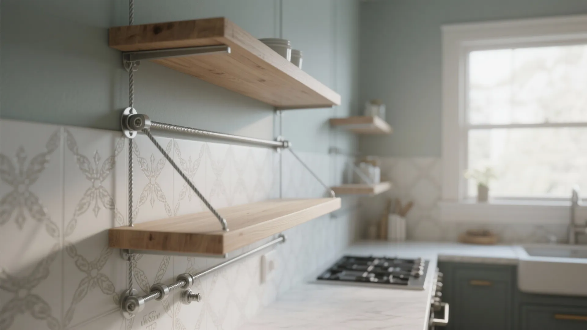 Cable-Supported Shelving Over a Stenciled Feature