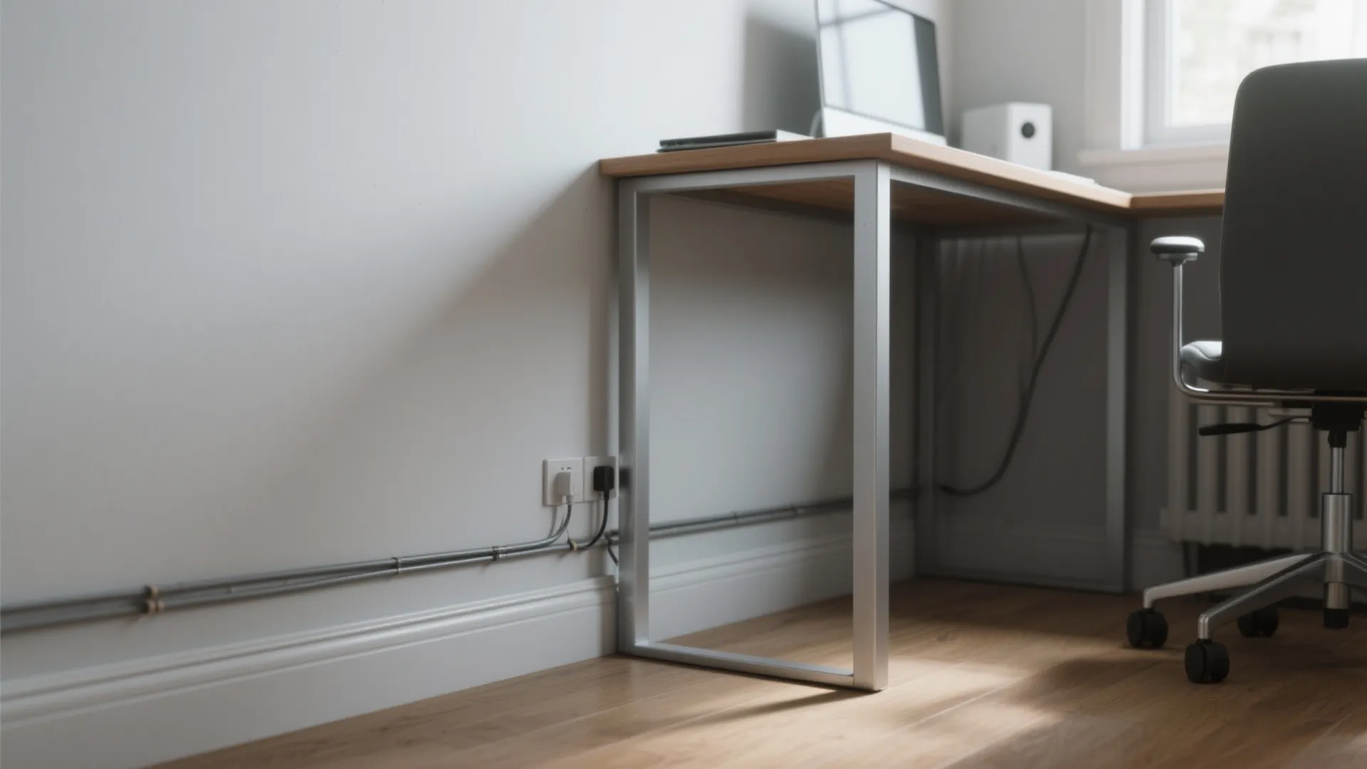 Modern home office desk with wooden top and metal legs showing cables along white wall