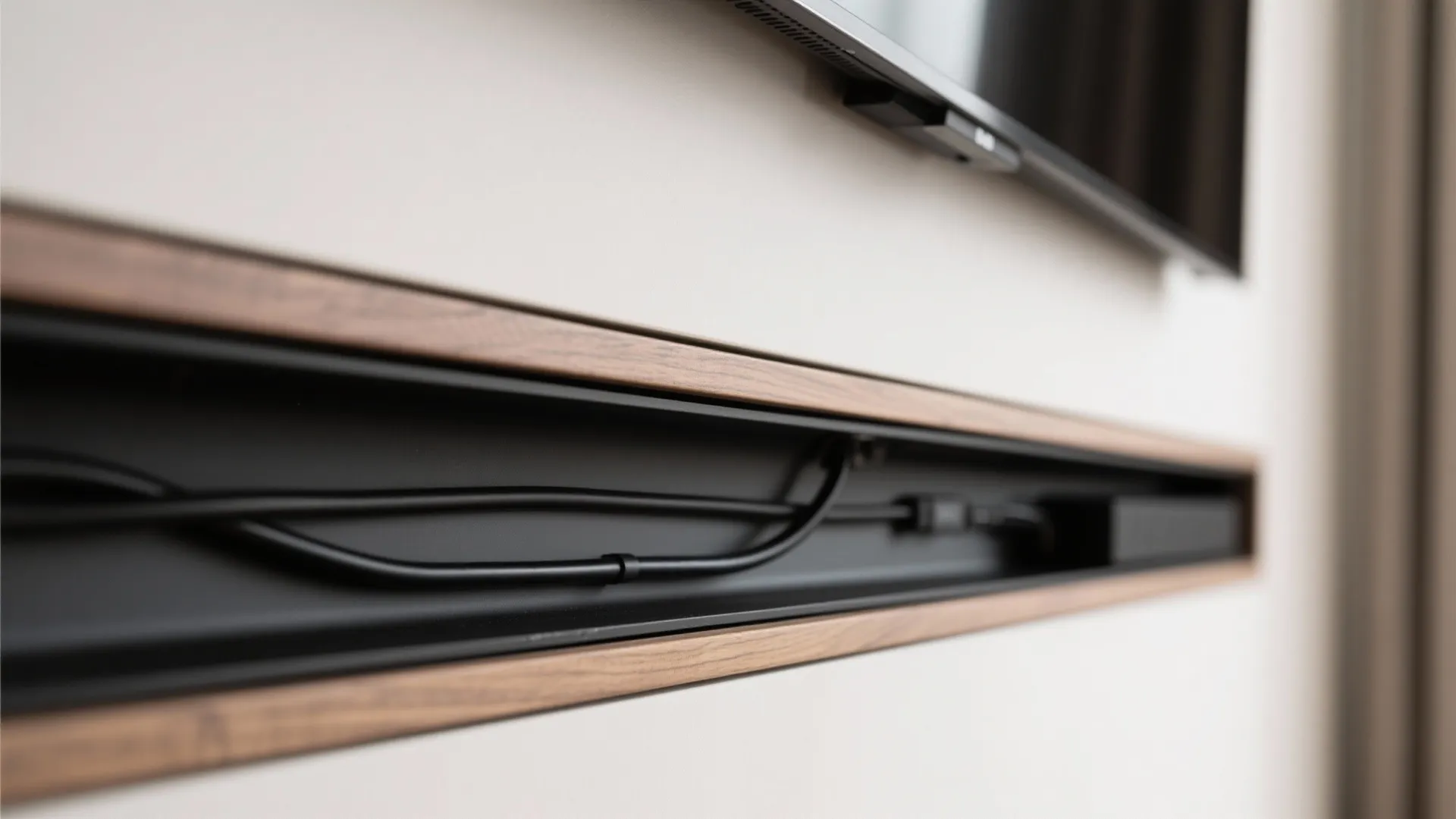 1) Minimalist floating media wall with hidden cable spine