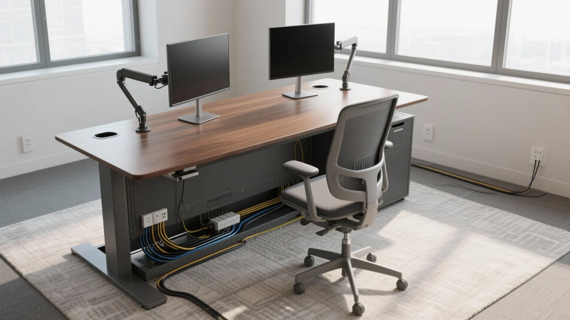 Modern wooden office desk with two computer monitors grey chair and organized cable management system underneath