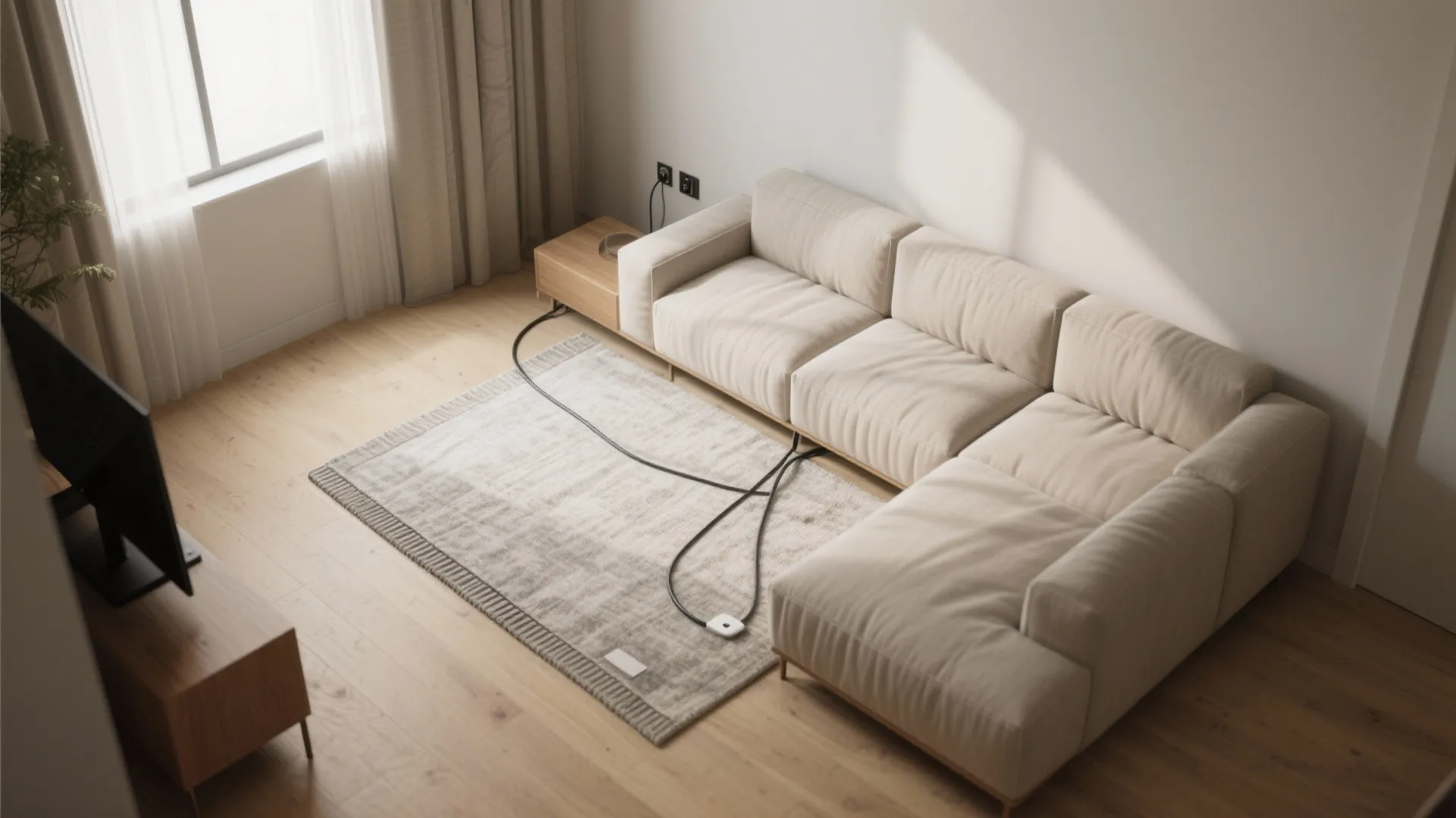 Modern living room layout with large white sofa wooden floors grey rug and black power cable