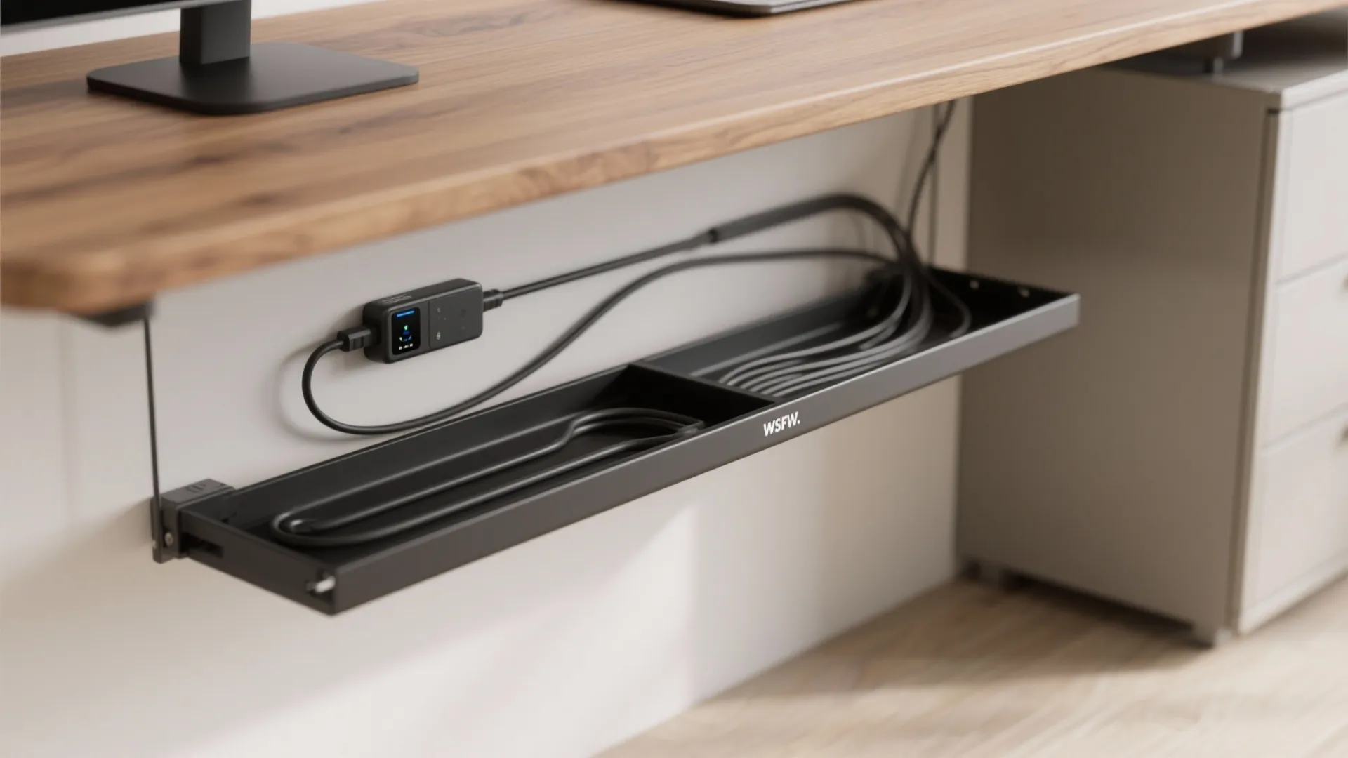Black metal cable management tray under a wooden desk holding organized power cords and wires