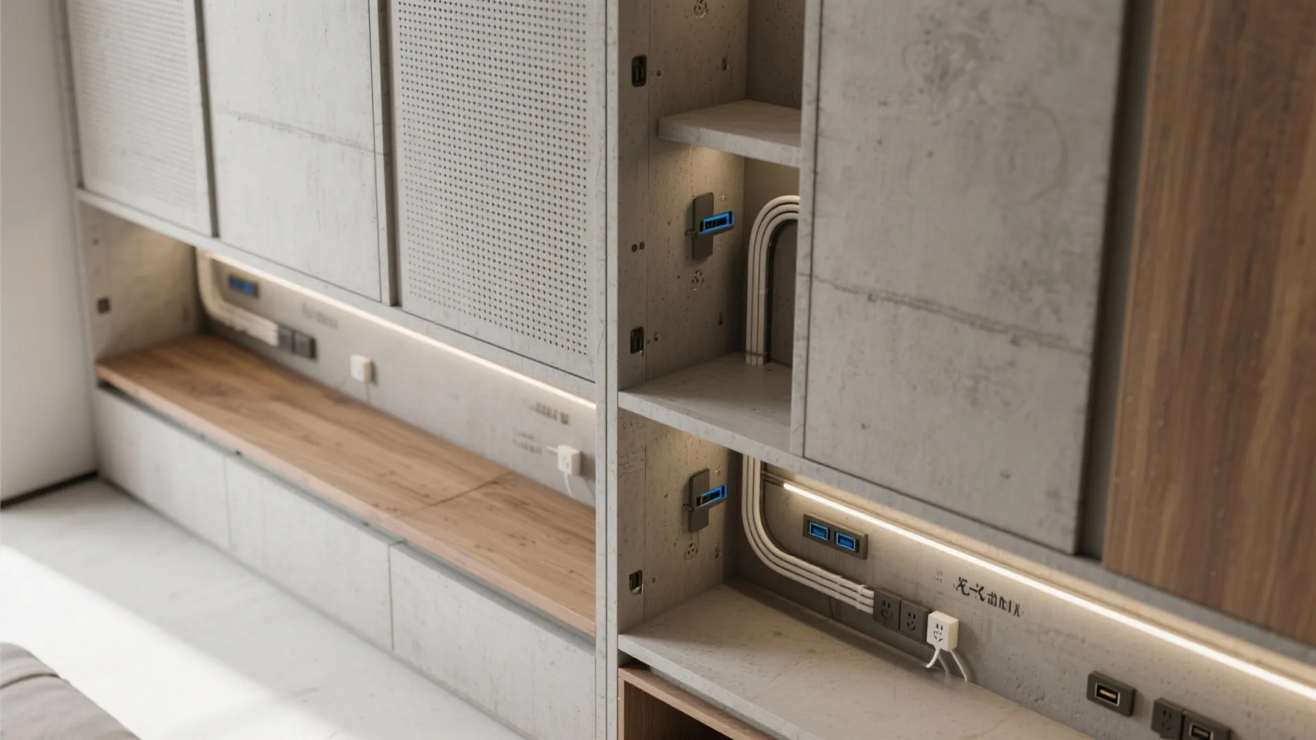 Close up view of grey wall cabinets with built in power outlets and hidden wires