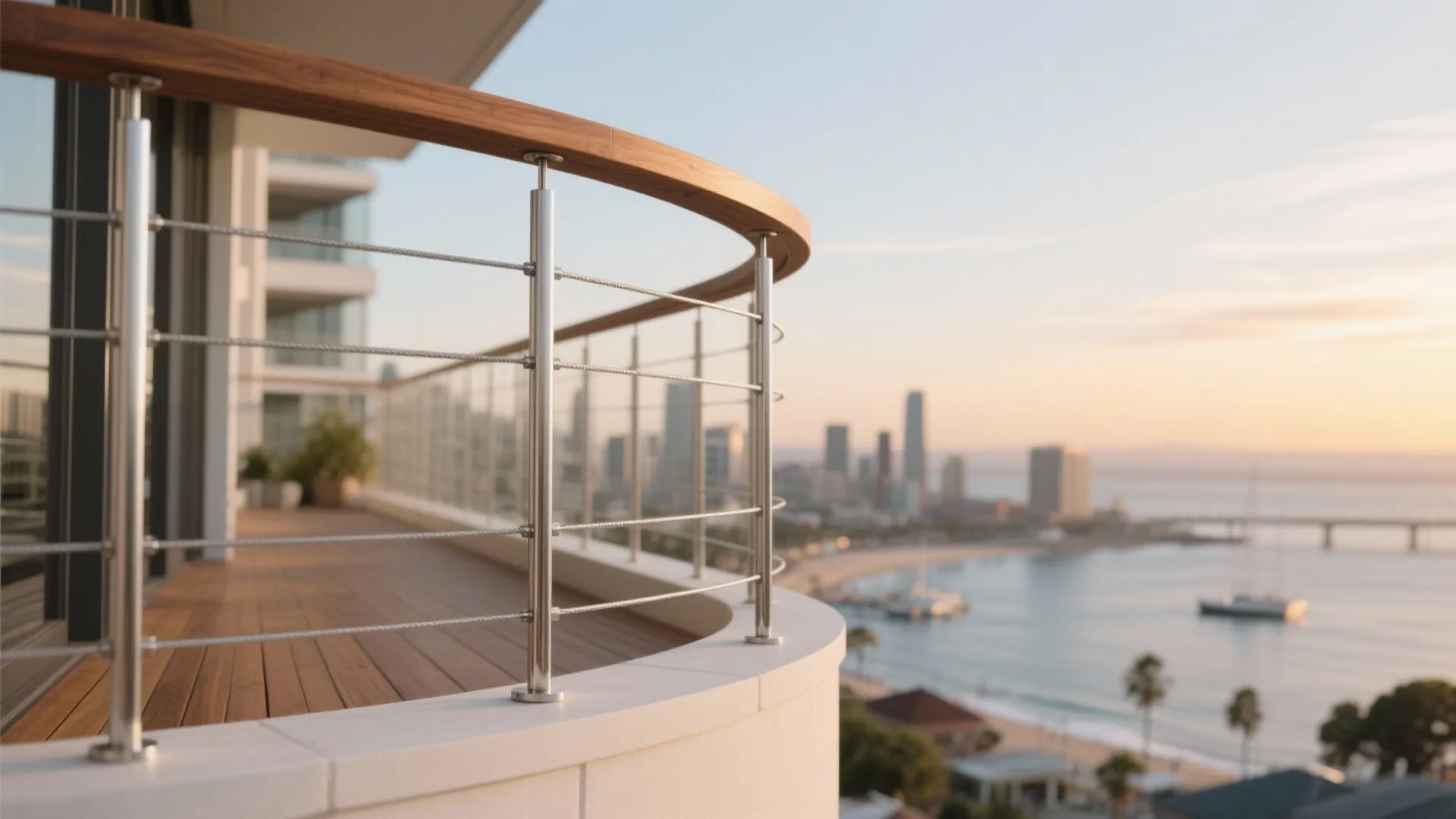 Stainless cable rail with a warm wood cap