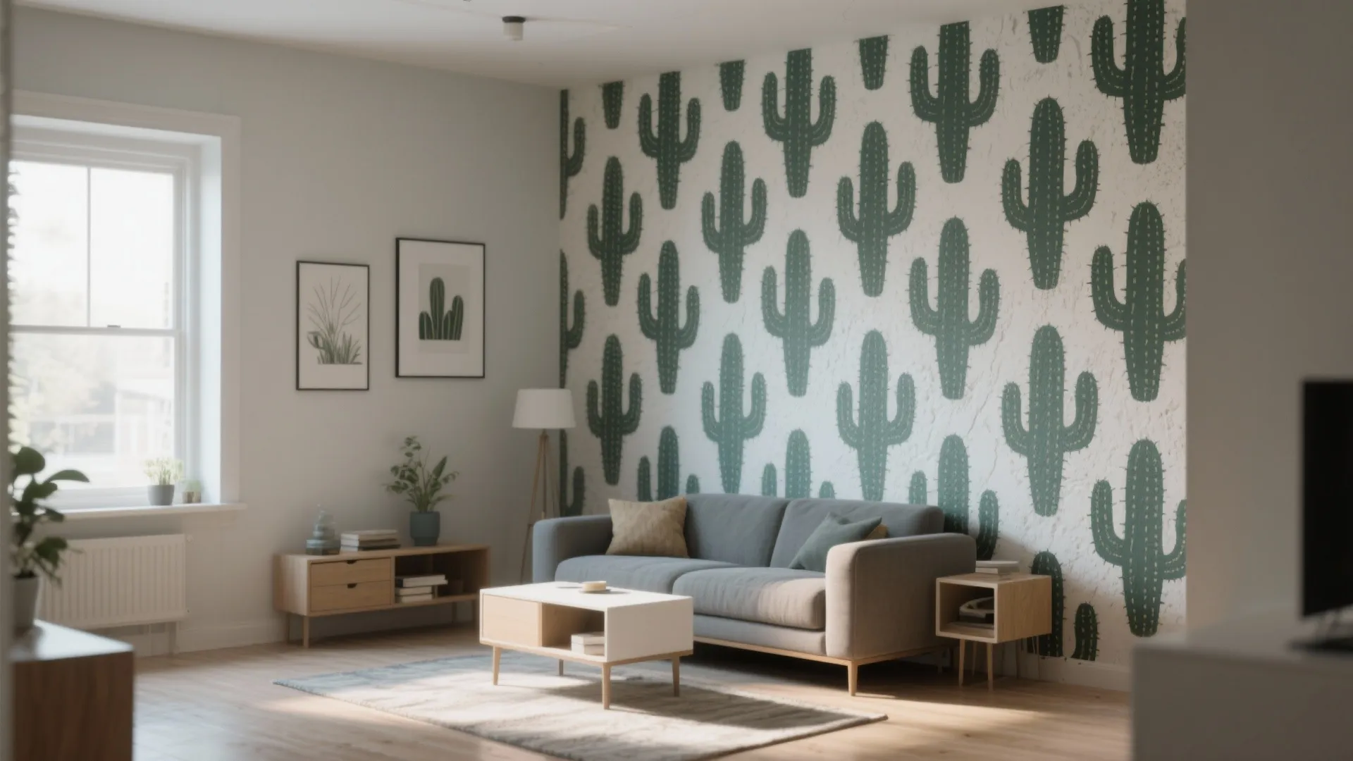 Small room with a single accent wall featuring a repeating cactus stencil pattern in two tones.