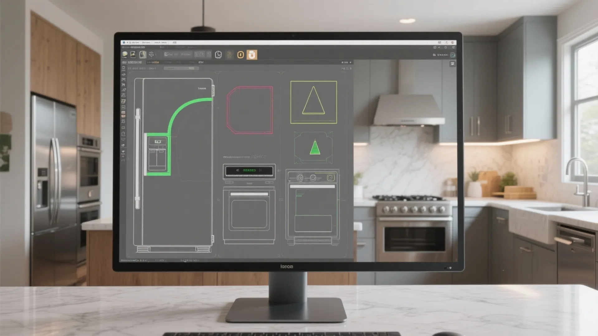 Computer monitor displaying kitchen design software with appliance drawings in a modern grey kitchen setting