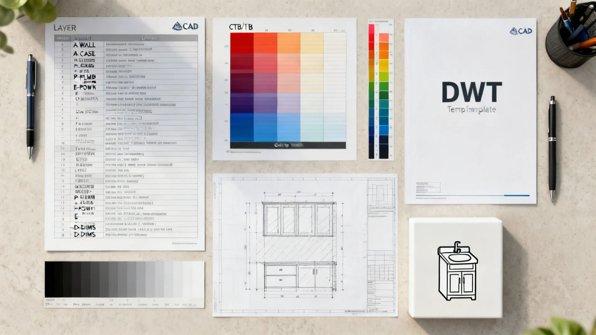 Flatlay of AutoCAD layer standards with color swatches, lineweights, template, and block icons.