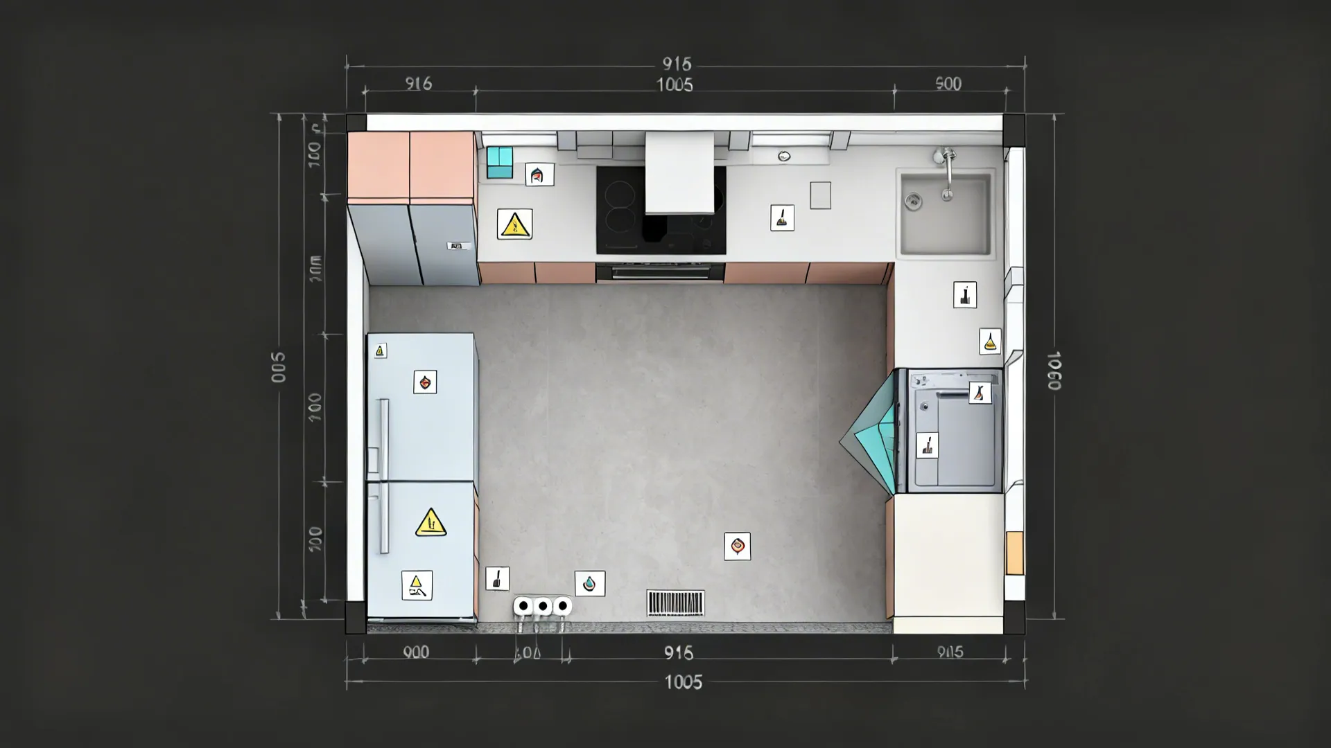 Top-down layout showing 600 mm cabinets, 915–1065 mm aisle, and appliance swing envelopes.