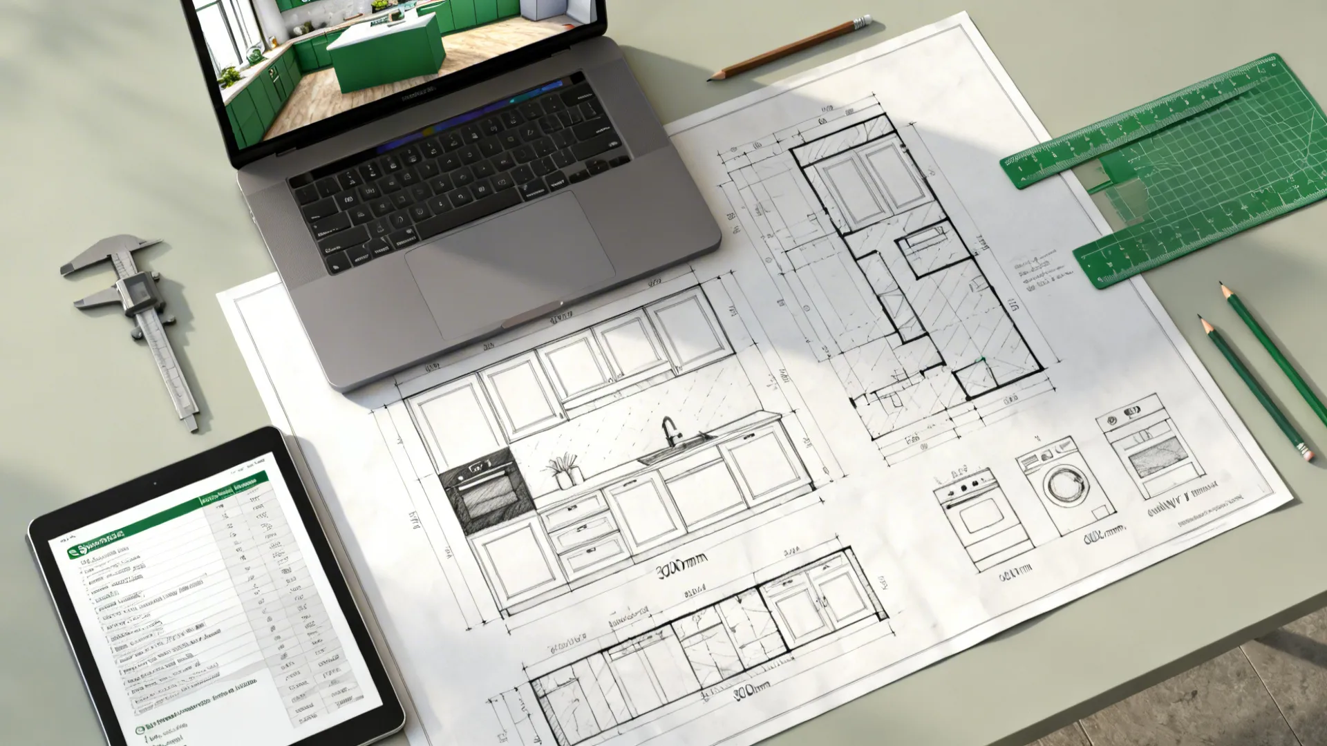 Top-down flat lay of kitchen CAD plans, 3D render on laptop, spec sheet, and drafting tools.