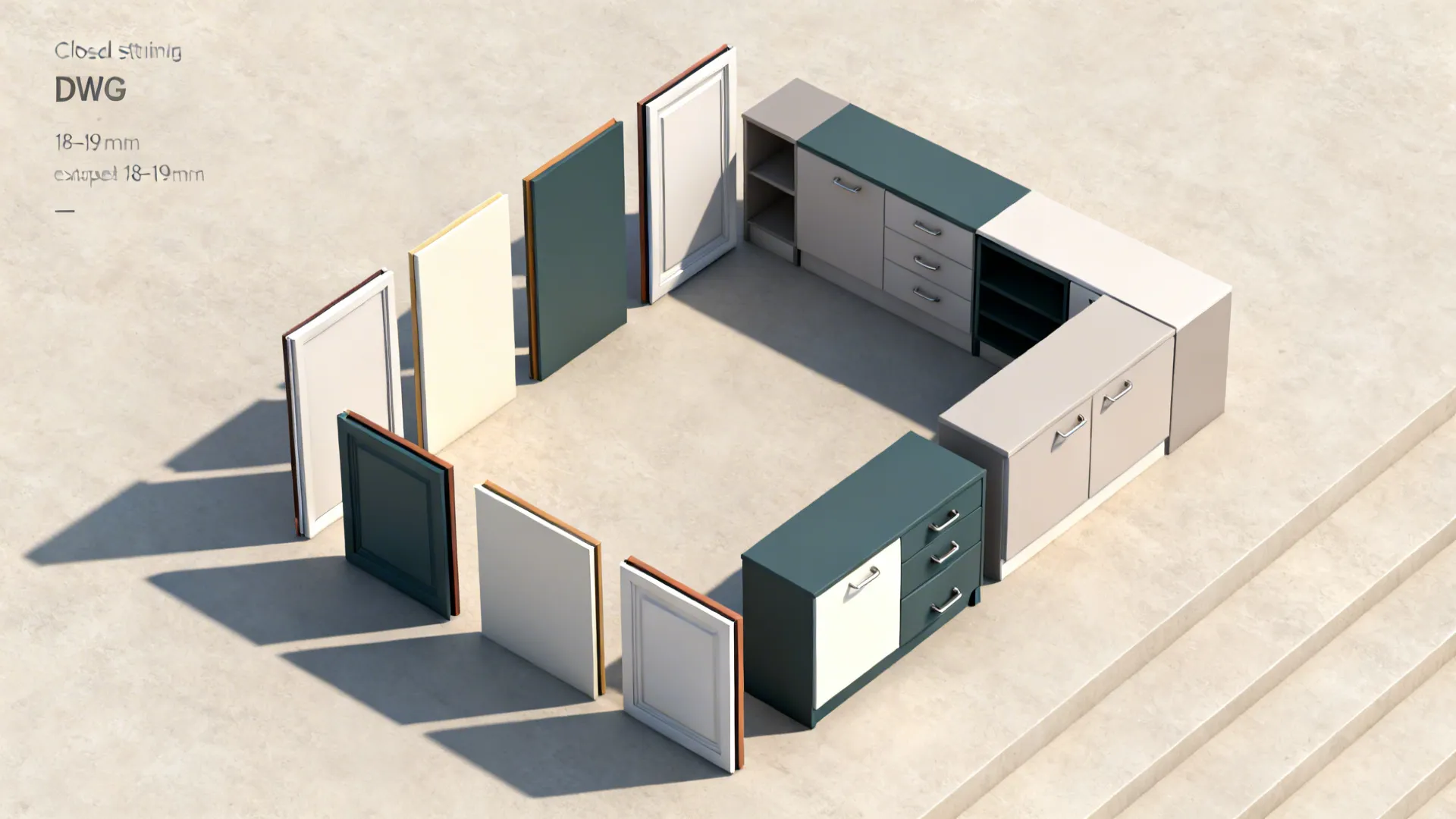 Top-down sequence from closed CAD profiles to extruded 3D cabinet modules in an L layout.