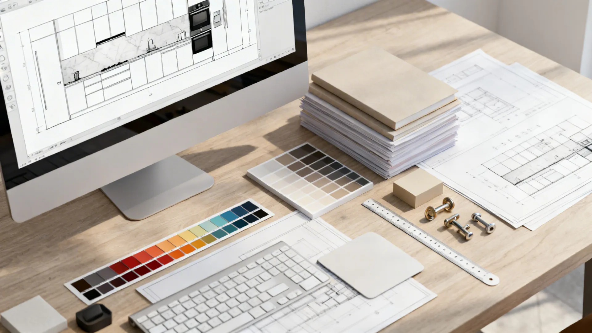 Organized drafting workstation with kitchen elevation on screen and neatly arranged tools.