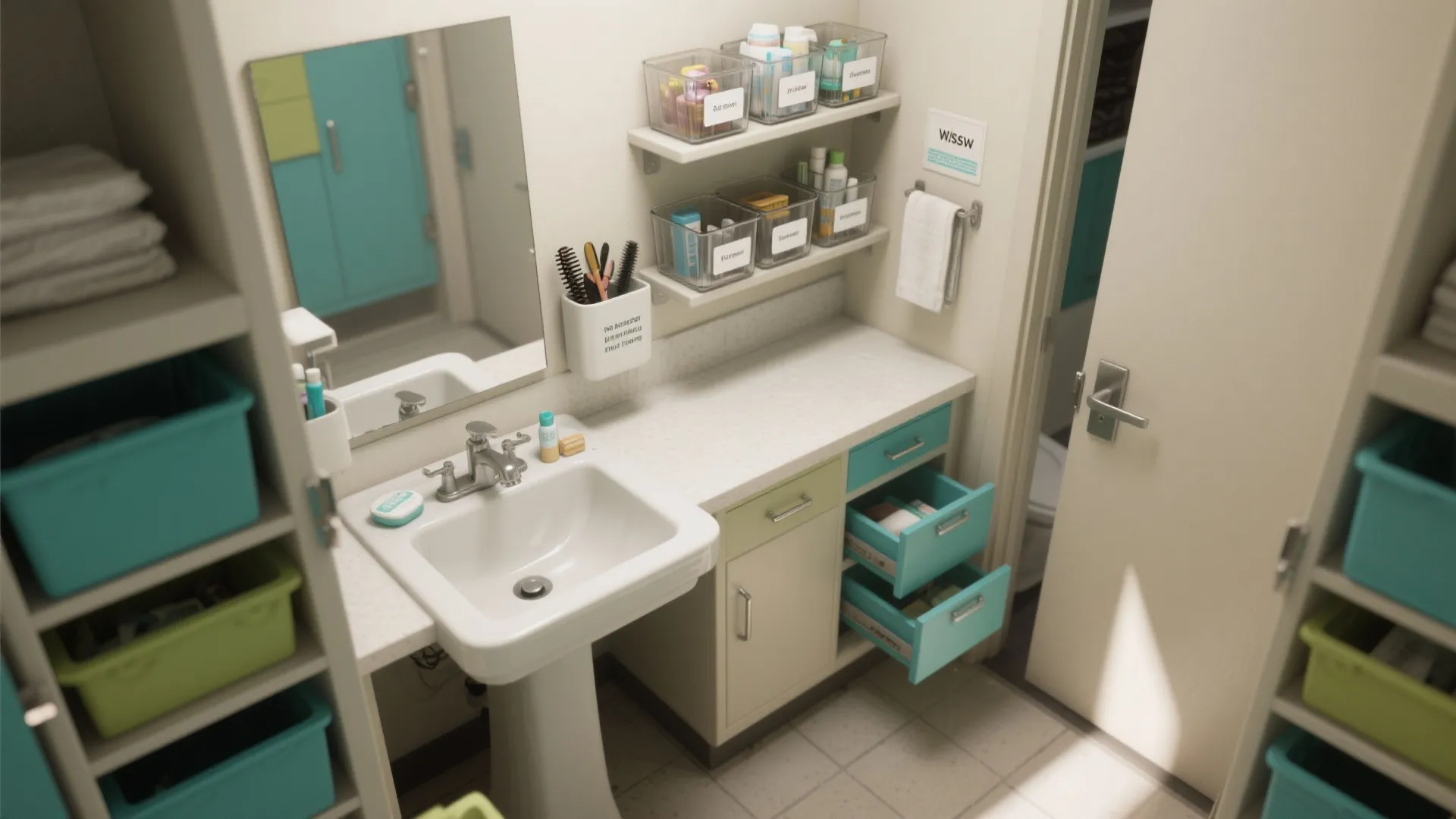 Organized small bathroom with white pedestal sink mirrors wall shelves storage bins and blue drawers
