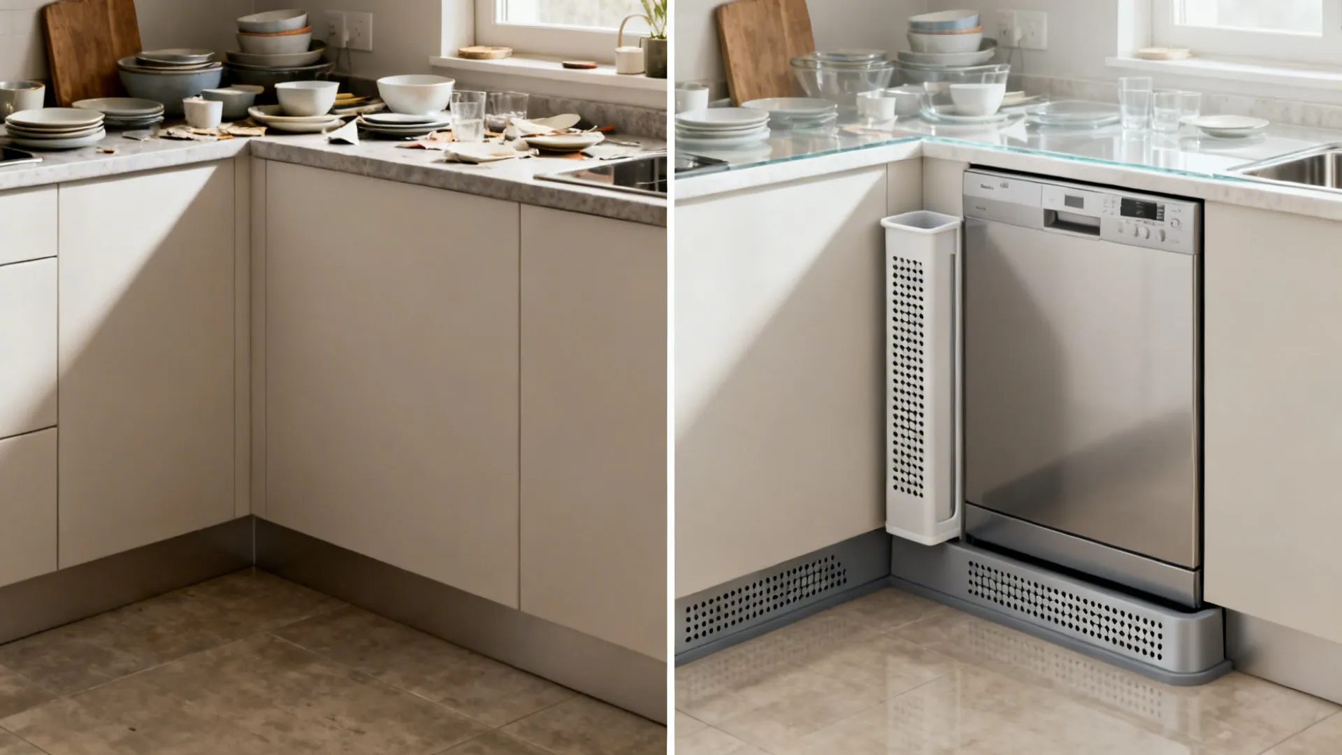 Before-and-after showing cluttered counter versus clear counter with a slim caddy.