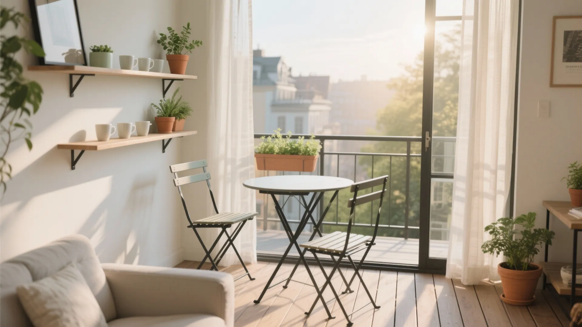 Bright balcony with small round table two chairs wall shelves with plants and sunny city view