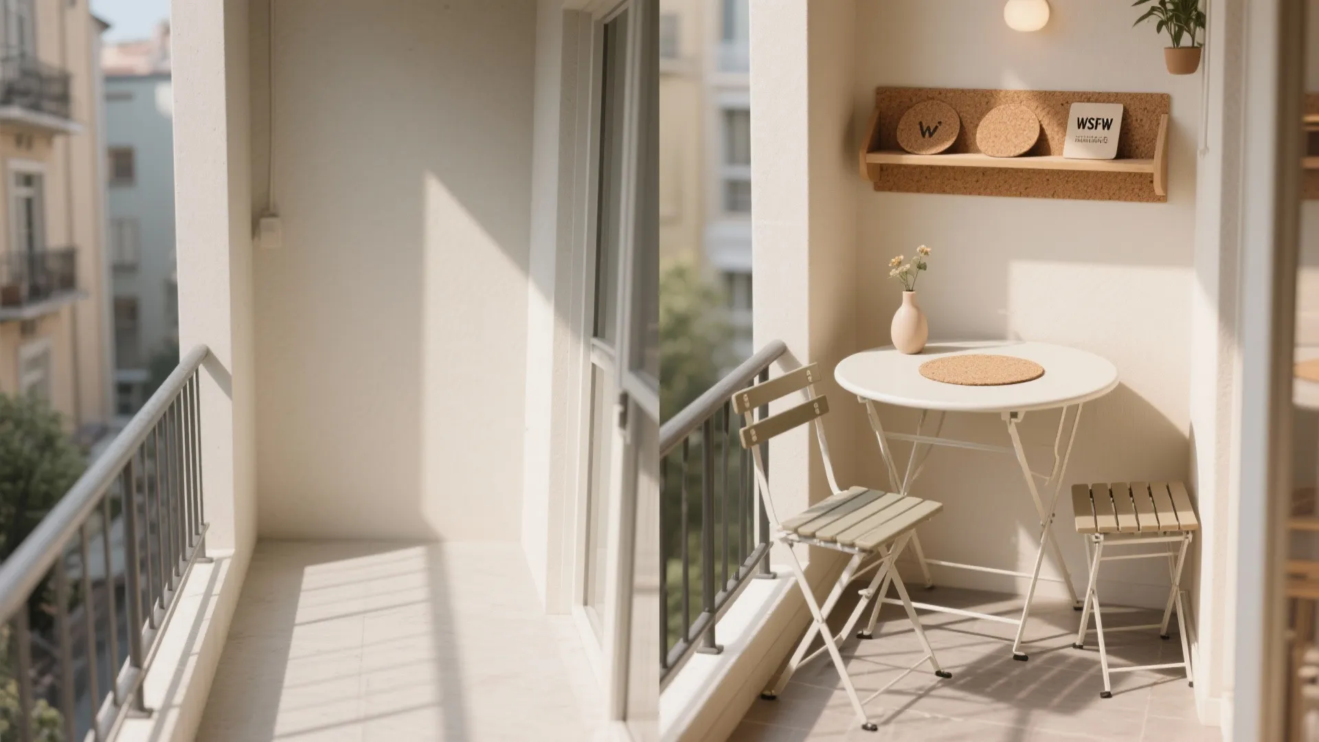 Before and after of a tiny balcony transformed into a foldable cafe corner.