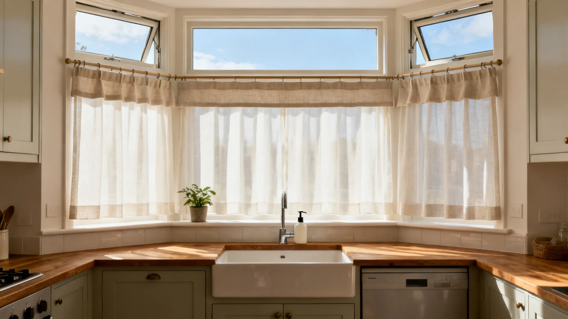 Café-height curtains with a slim valance in a kitchen bay letting top light in.