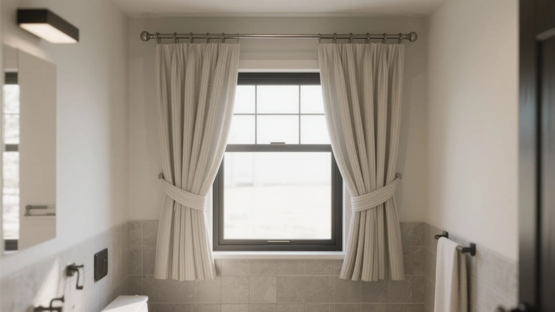 Half-height café curtains cover the lower window for privacy while daylight floods in above.