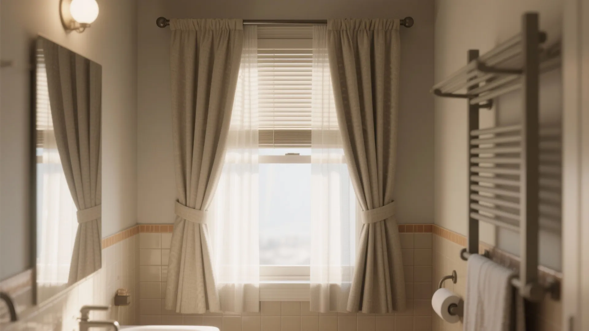 Small bathroom window with café curtains and a sheer roller shade, with composite shutters option shown.
