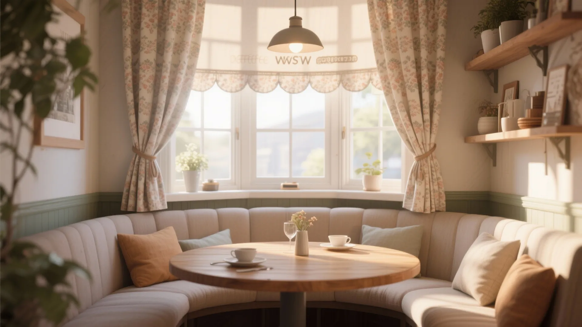 Small dining area with white café curtains and wood table