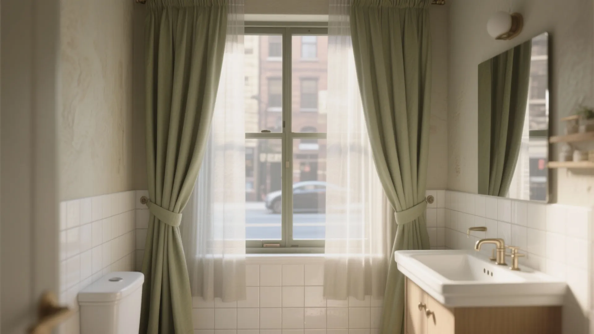 Bathroom interior featuring green curtains on window with white toilet and wooden vanity with mirror