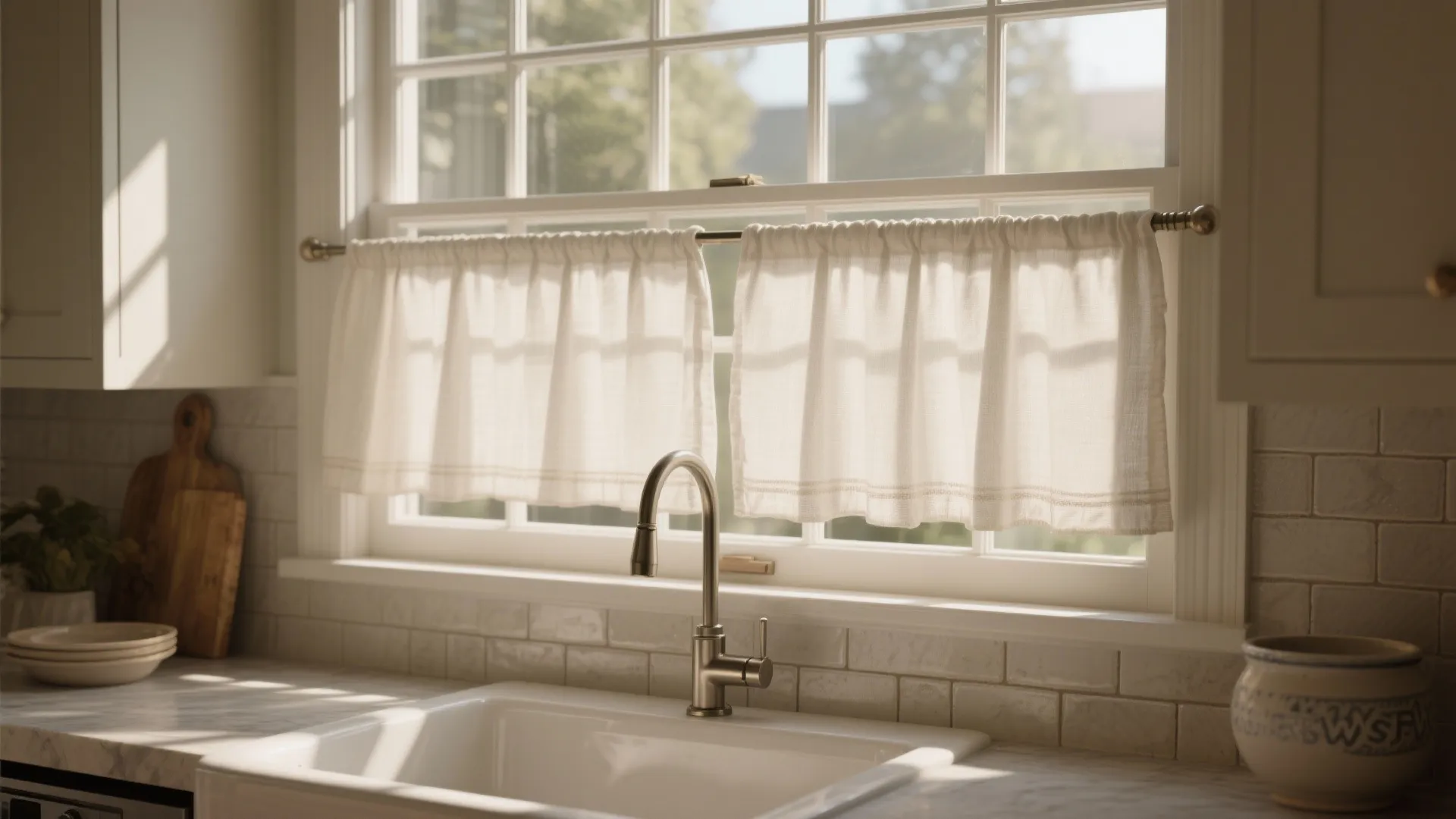Close up of a white kitchen sink with a metal faucet and short white curtains