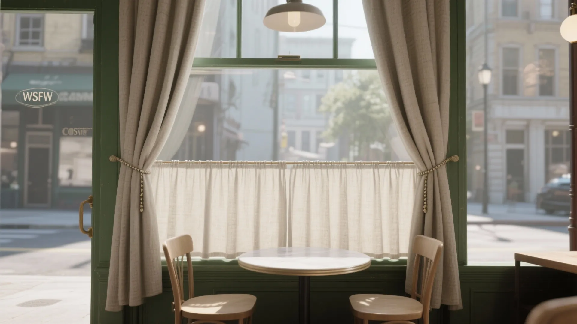 Street-level dining space with linen-blend café curtains covering the lower half of the window for privacy.