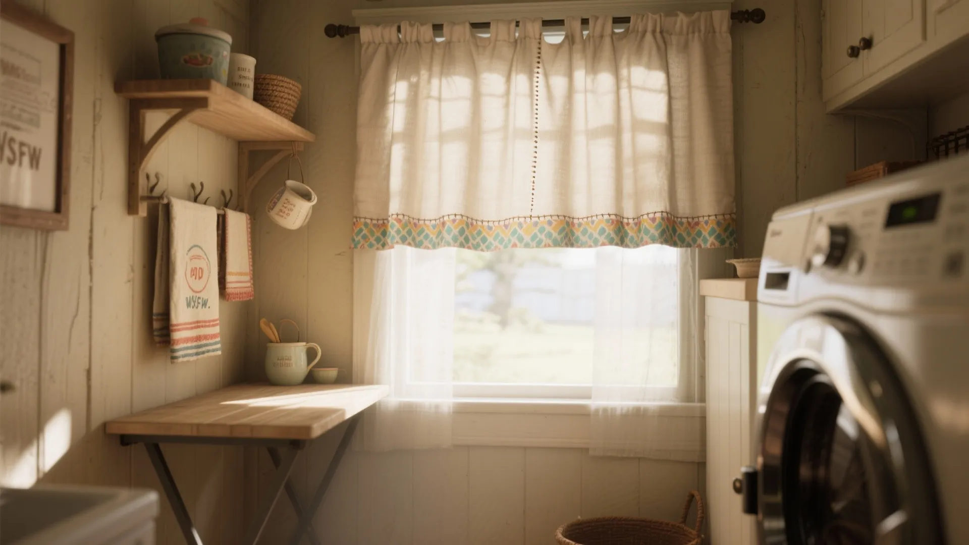 Laundry nook with a lower-level washable cafe curtain made from patterned cotton, near a fold-down table and dryer.