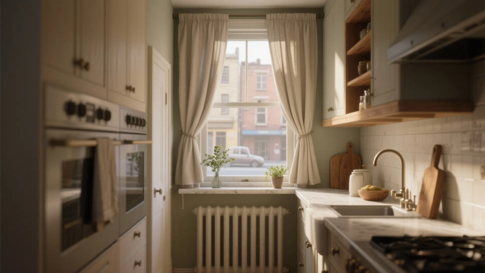 Small apartment kitchen with window curtain marble counter white cabinets and radiator under the bright window