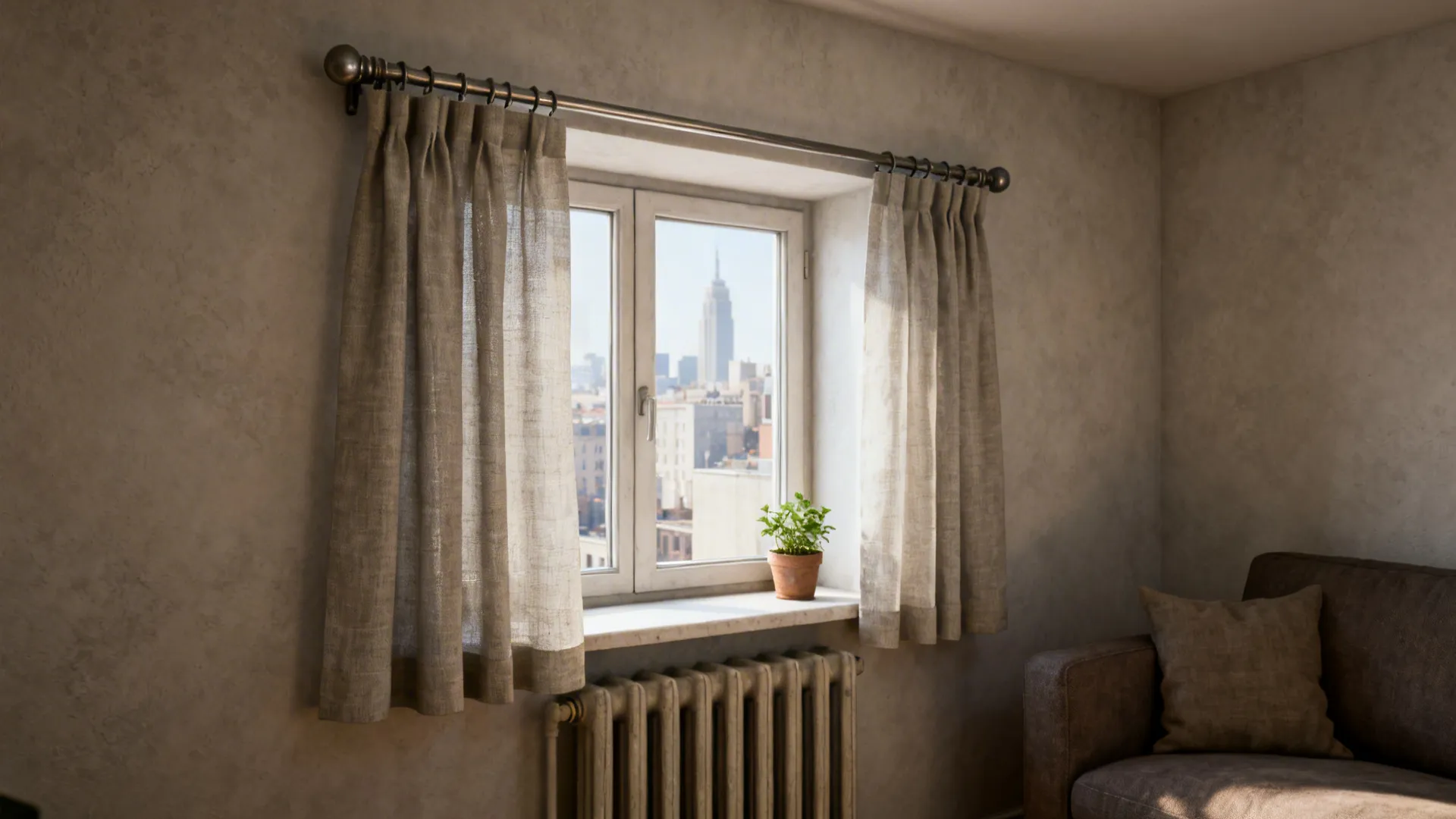 Small apartment window with cafe-style linen curtains at the sill and a plant on the sill.