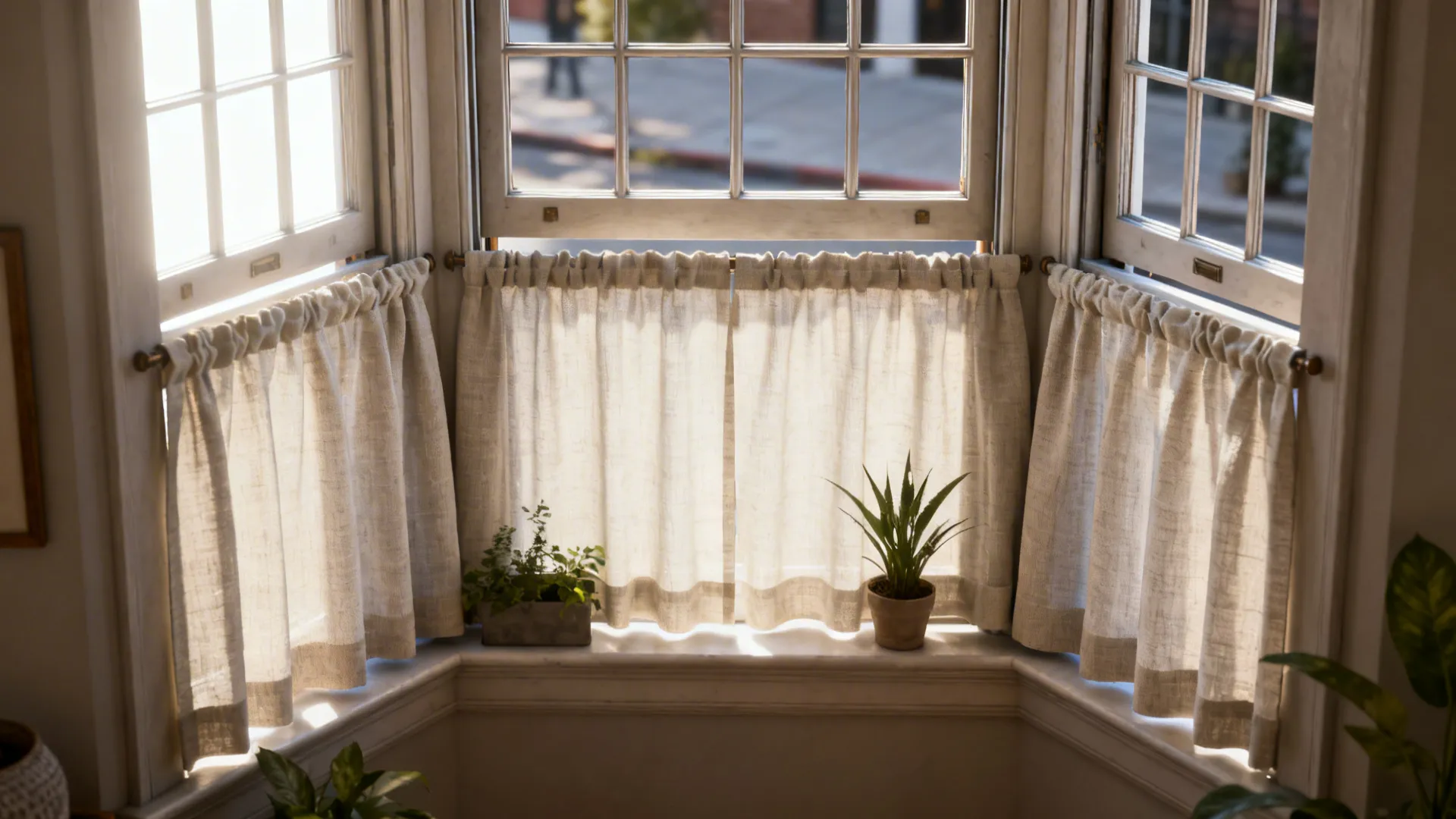 Bay window with café curtains on lower sashes providing daytime privacy while top panes allow light.