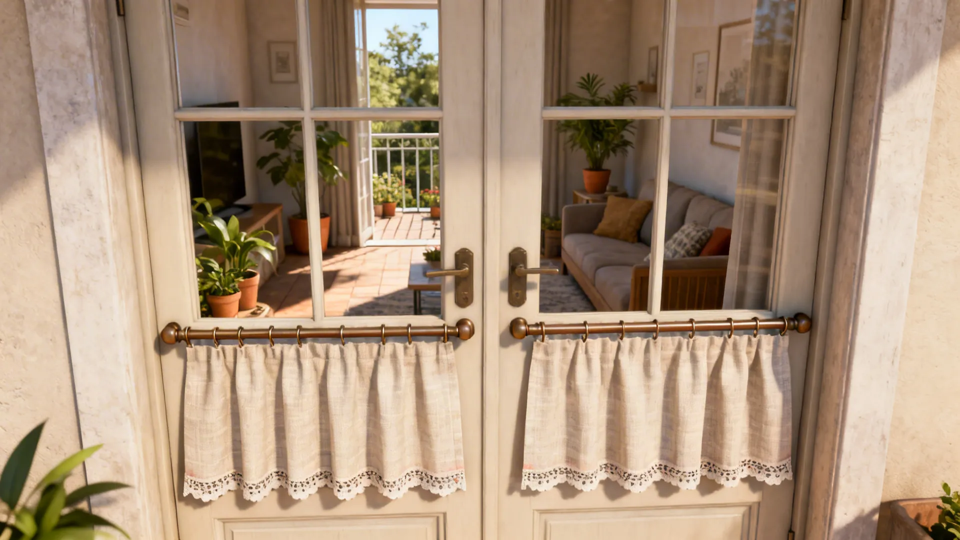 French doors with cafe curtains covering the lower half, preserving view while adding privacy.