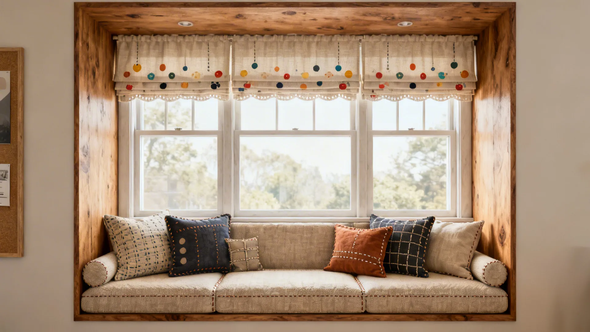 Cozy window seat with wood frame beige cushions pillows and white curtain with colorful patterns