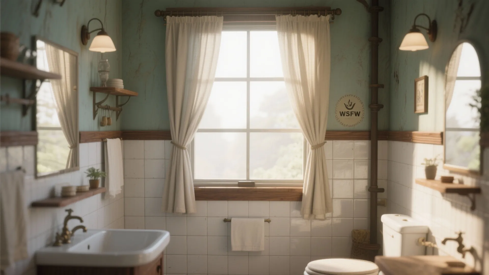 Vintage bathroom with half-height café curtains