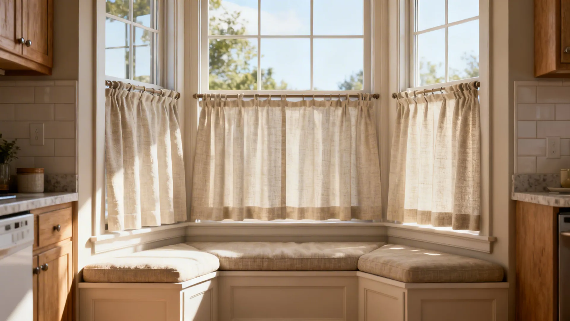 Kitchen bay window with short cafe curtains over a built-in bench seat with soft cushions