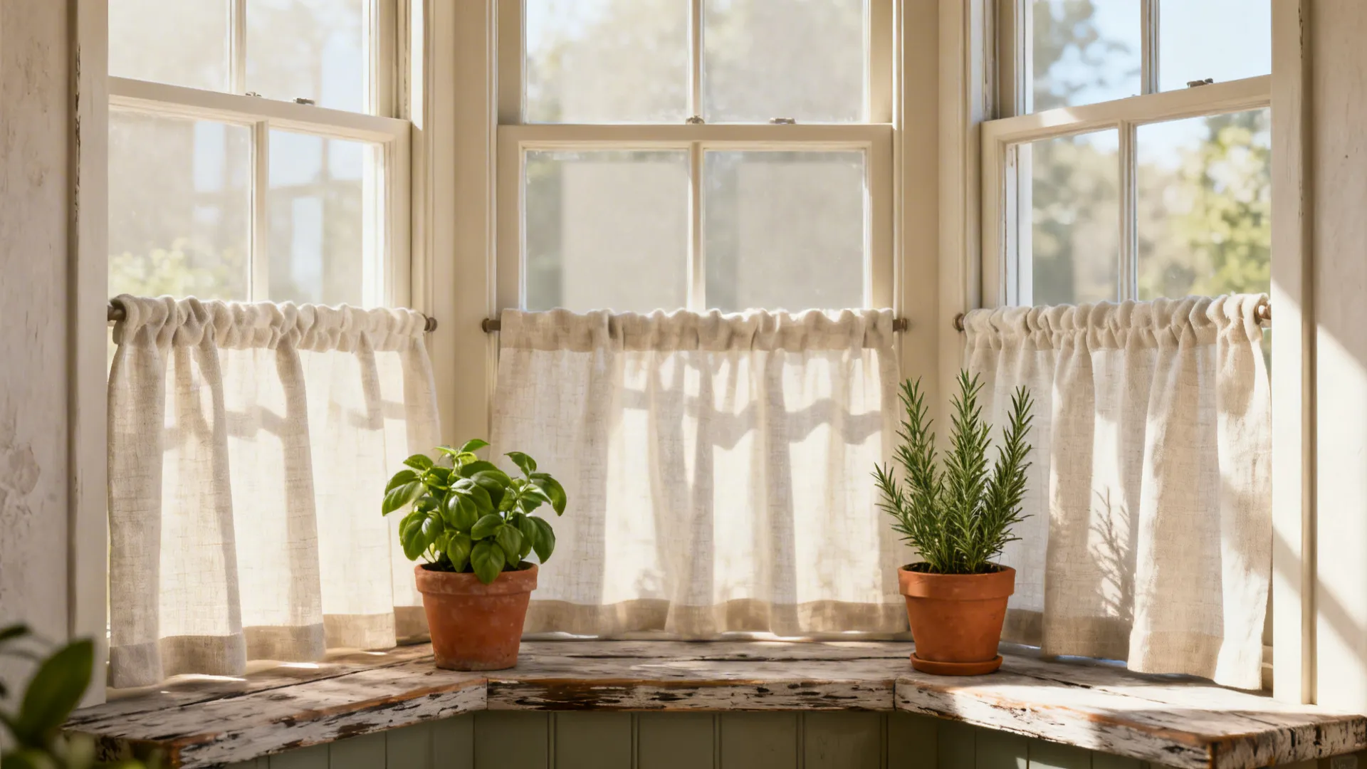 Cottage-style bay window with café curtains on the lower panes and potted herbs on the sill