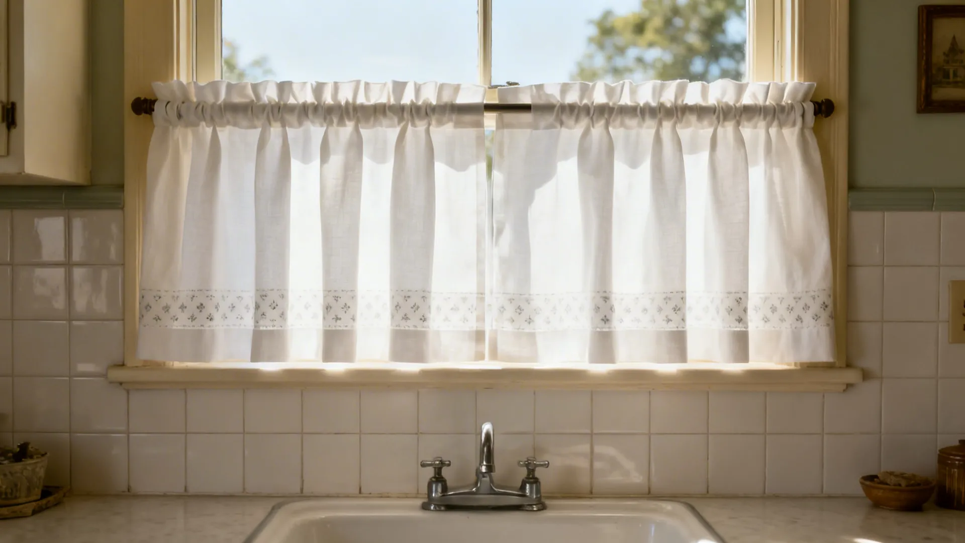 Small kitchen window with half-height café curtains and a slim tailored cornice.