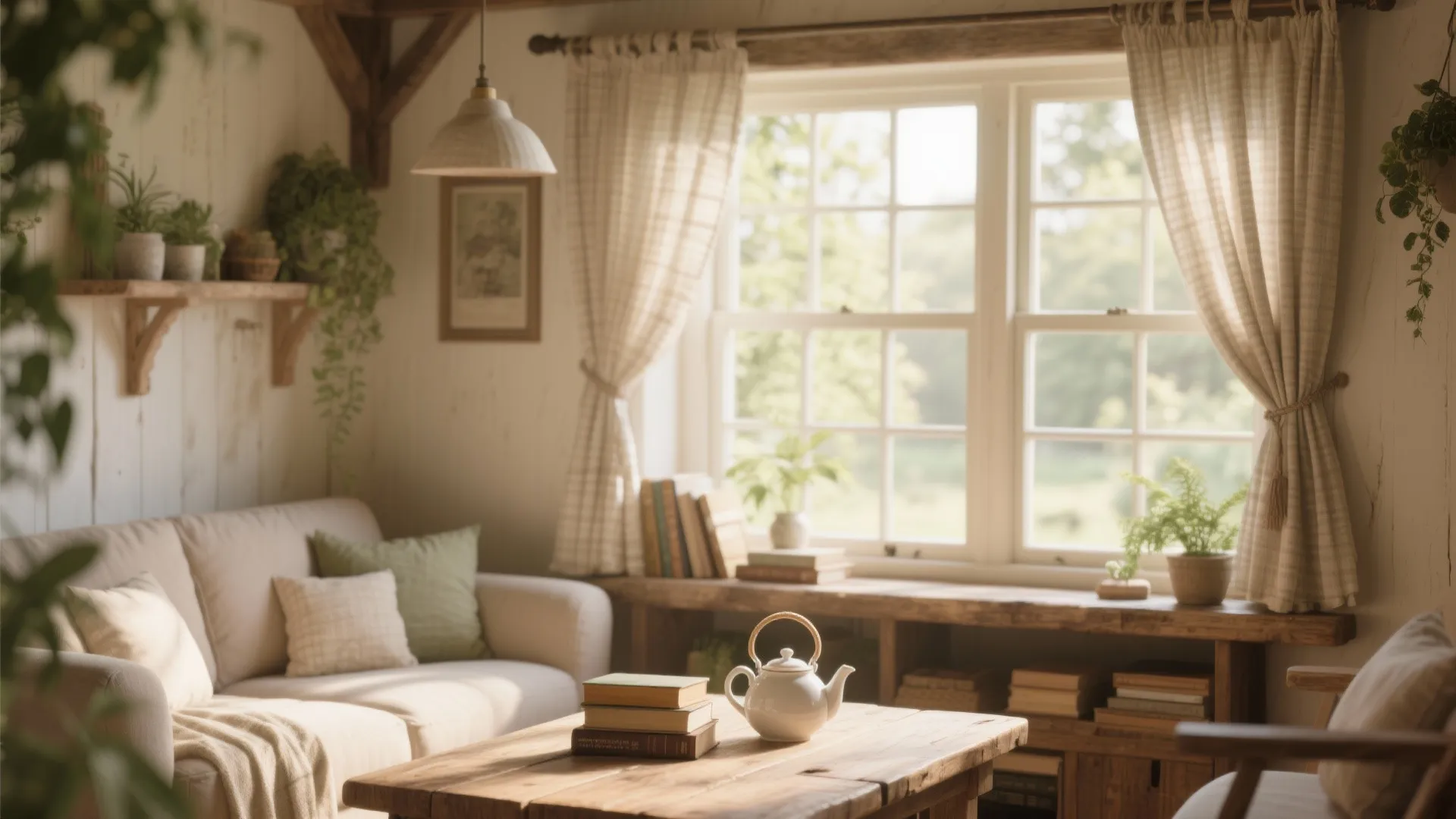 Cozy living room featuring wooden coffee table, white teapot, patterned curtains, sofa, and green plants