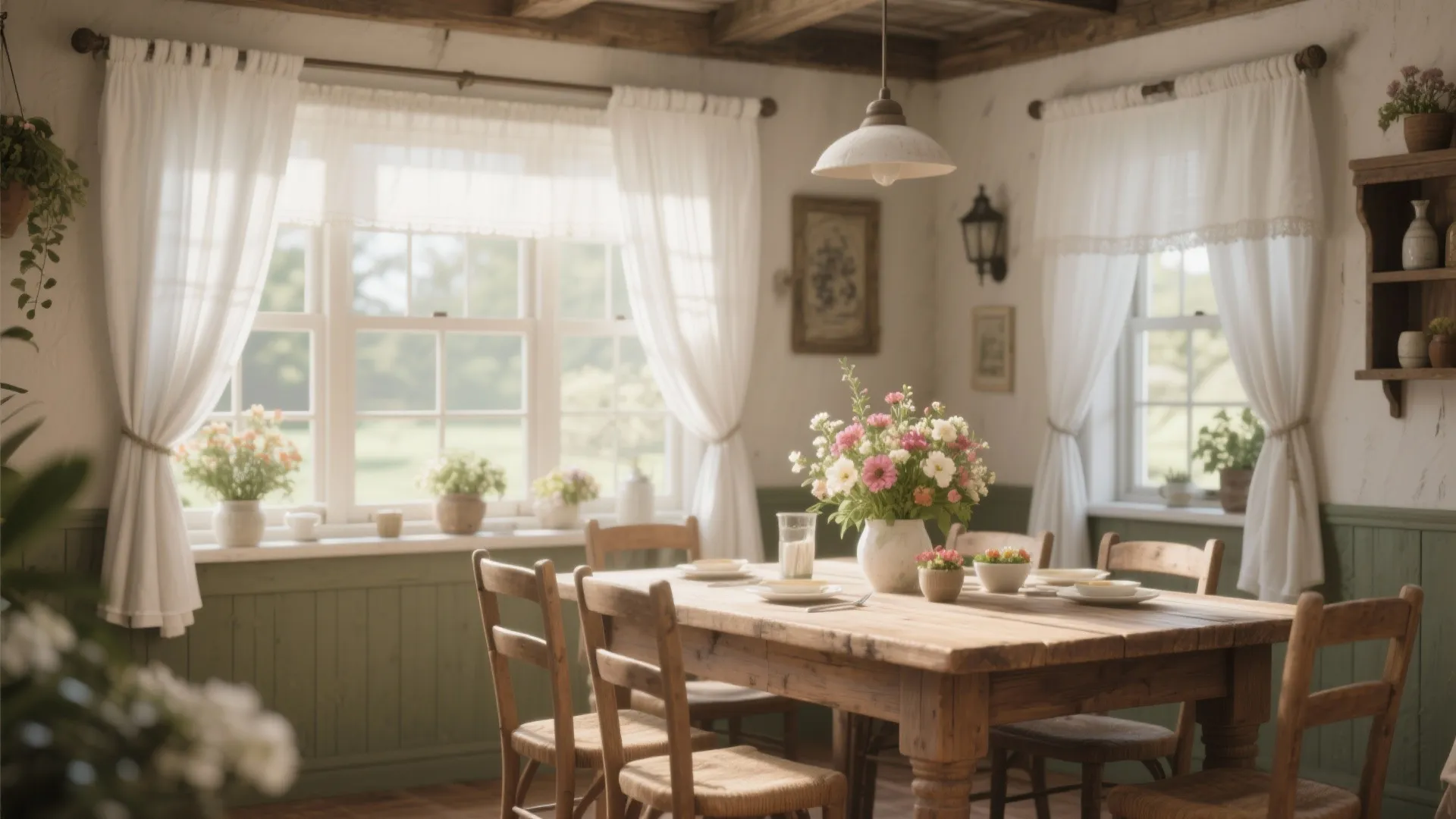Cozy country dining room with café curtains and rustic décor