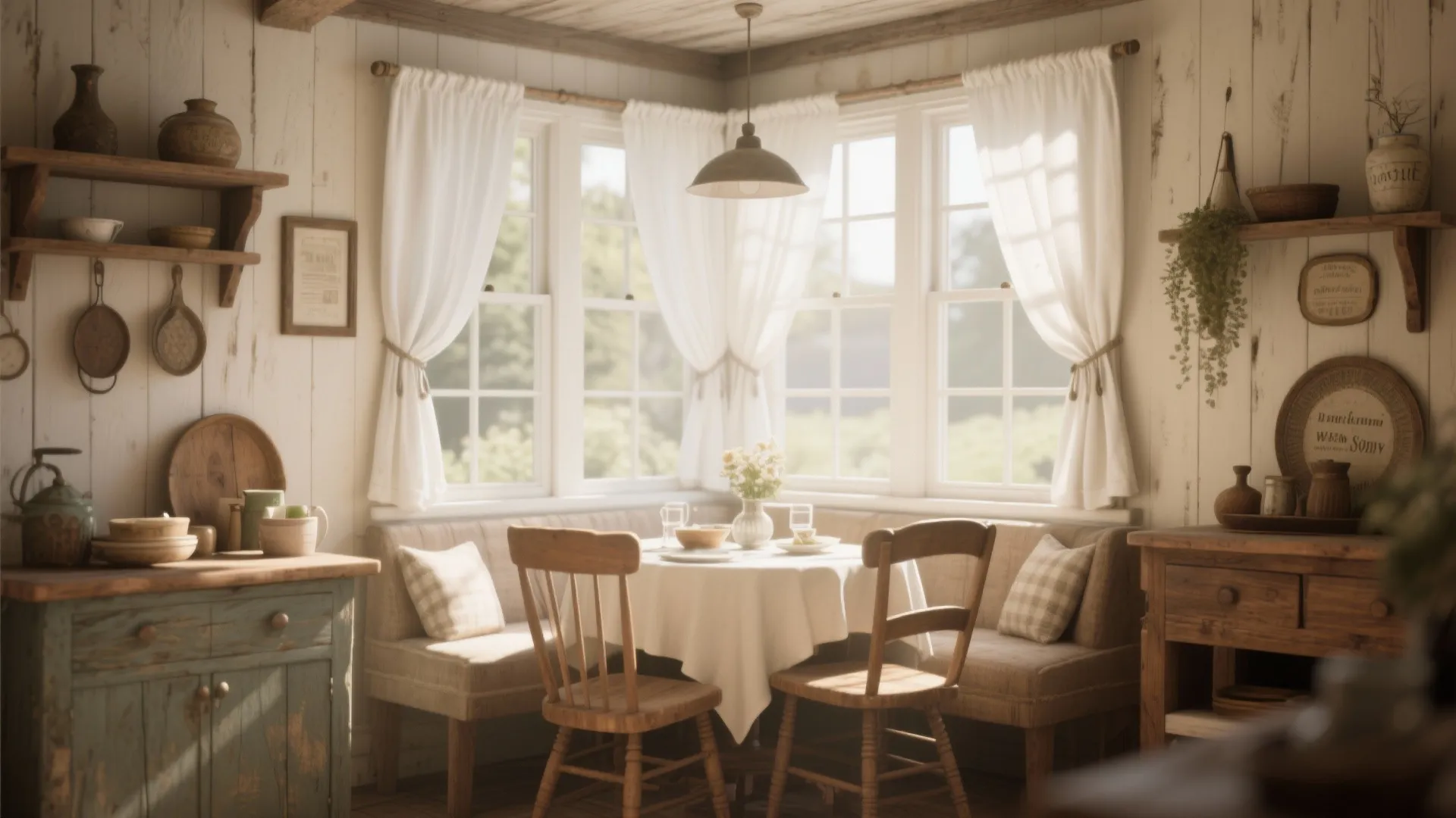 Rustic dining corner with wooden table and chairs plus white curtains and a ceiling light