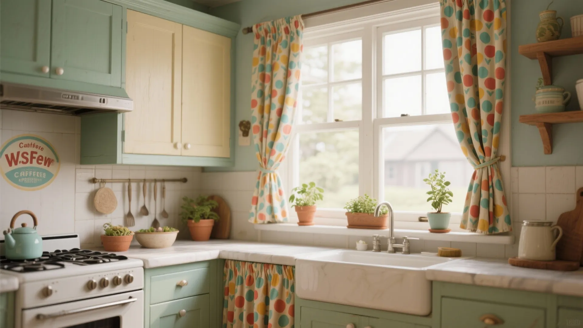 Vintage kitchen with green cabinets white sink colorful pattern curtains potted plants and a gas stove