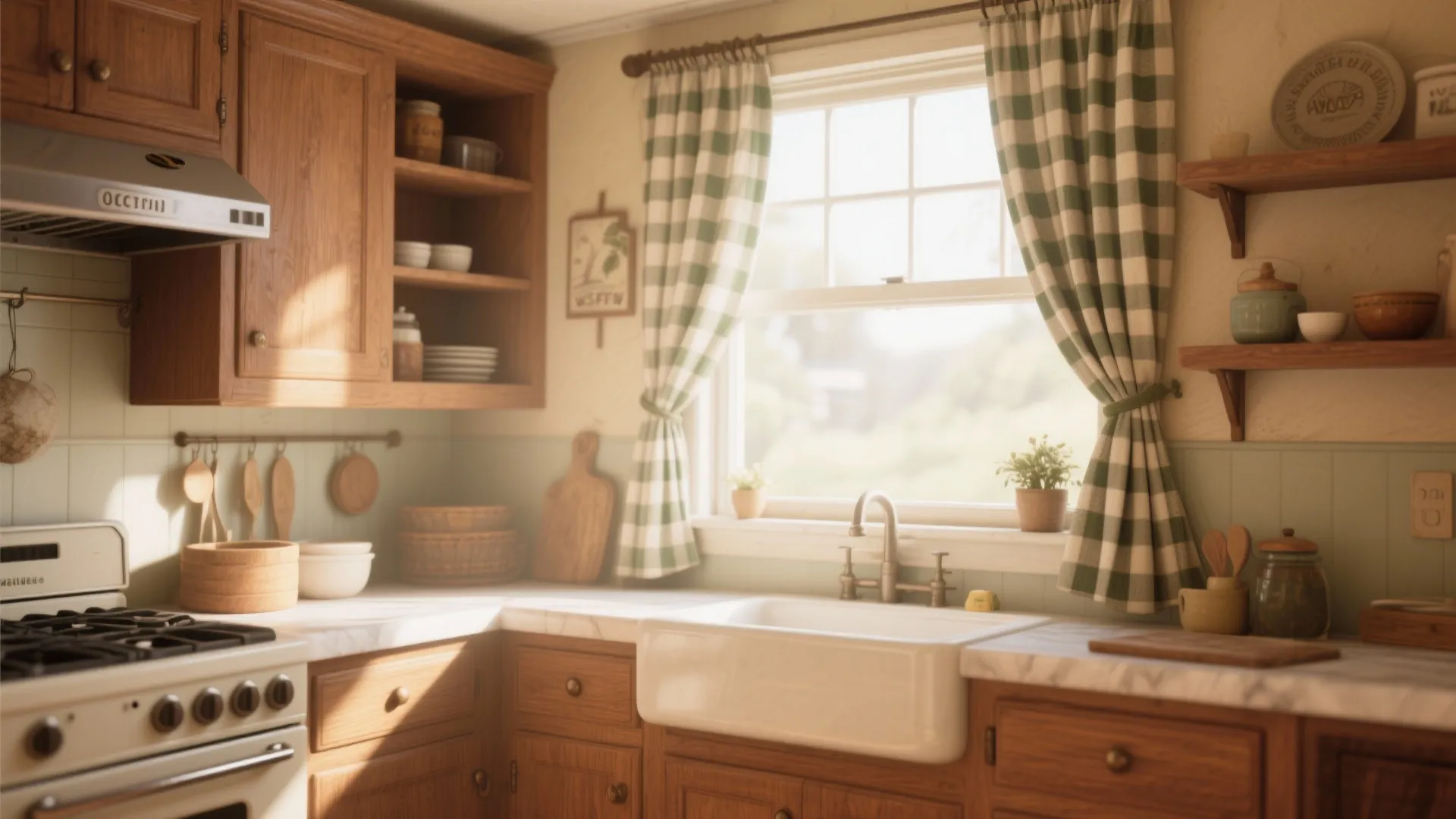 Vintage style kitchen with gingham café curtains and warm wood tones