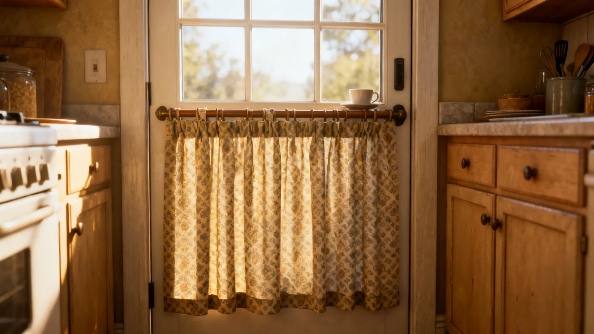 Cozy kitchen with café-style curtains on a low rail covering the lower half of a sliding door