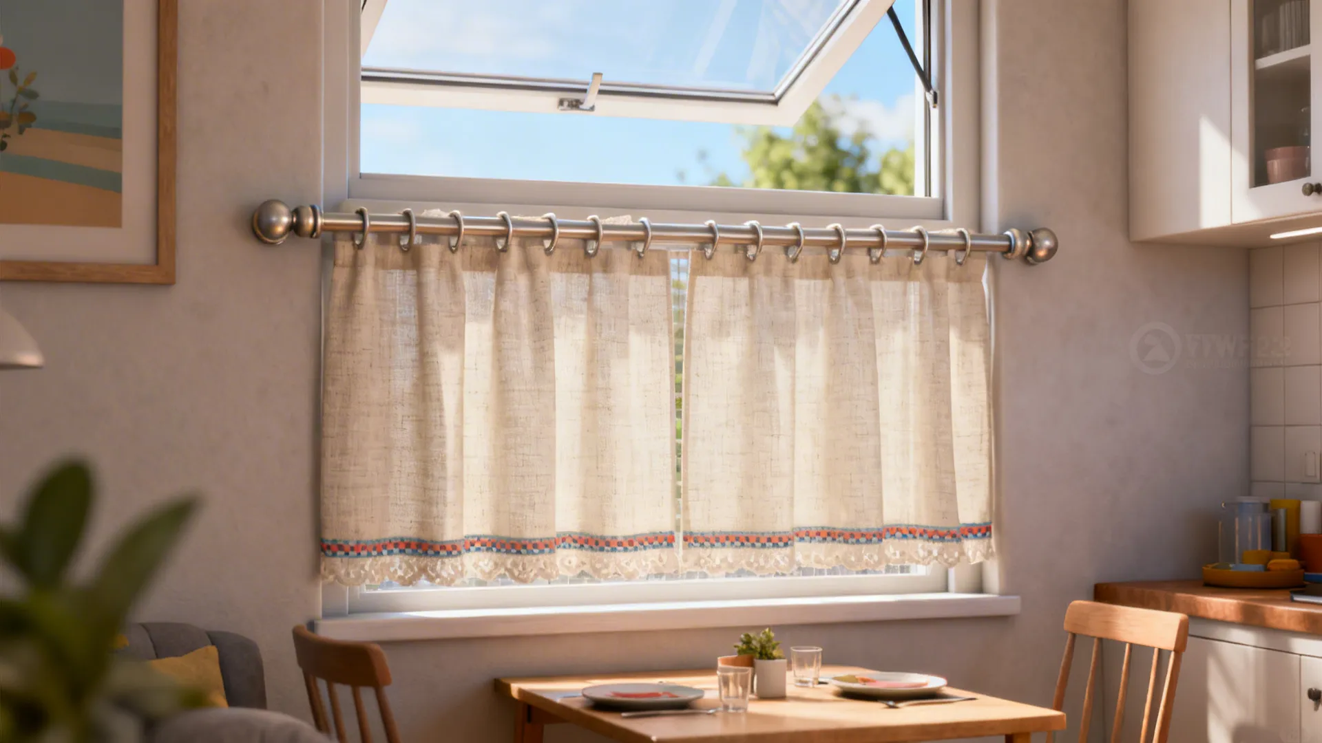 Compact living-dining area with cafe curtains covering the lower half of the window for privacy and light above.