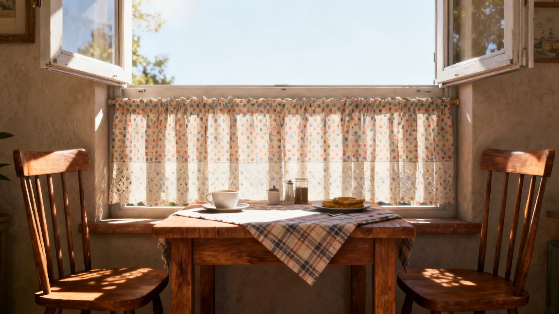 Sunny dining nook with wooden table two chairs and floral patterned curtains covering a large window