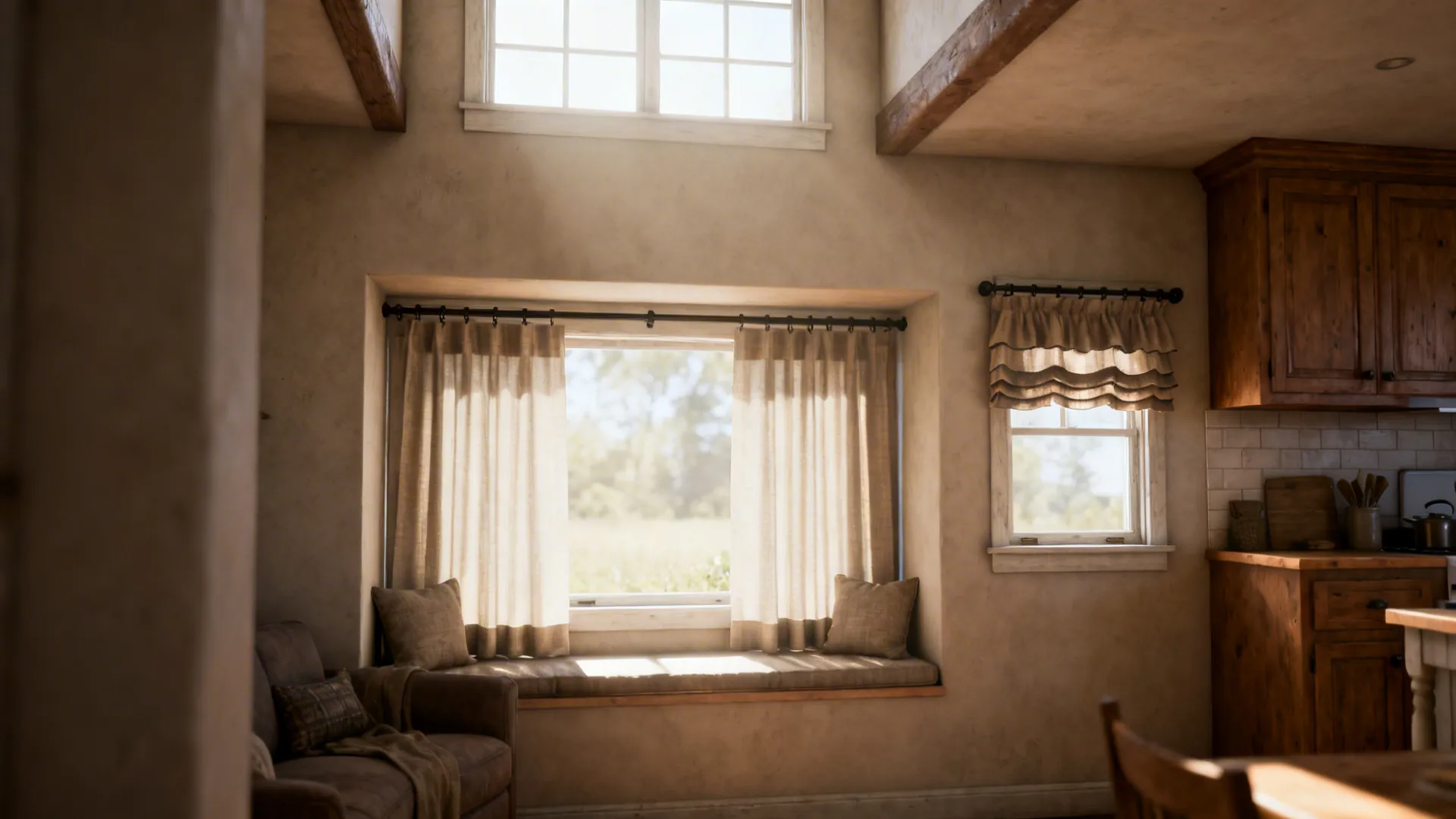 Cozy nook with café curtains covering lower window and tiered treatments on small window