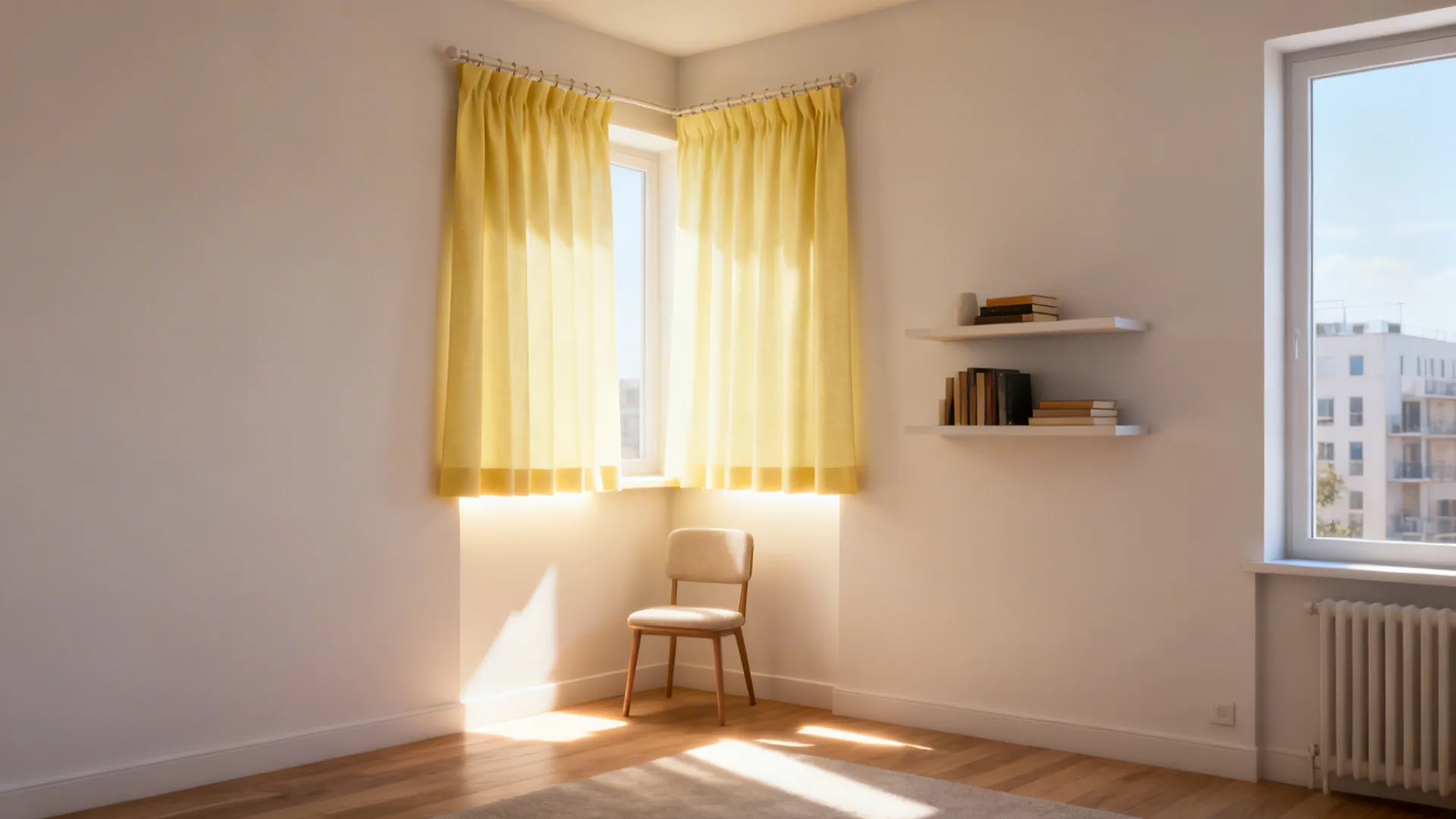 Studio corner with short light-yellow café curtains defining a reading nook