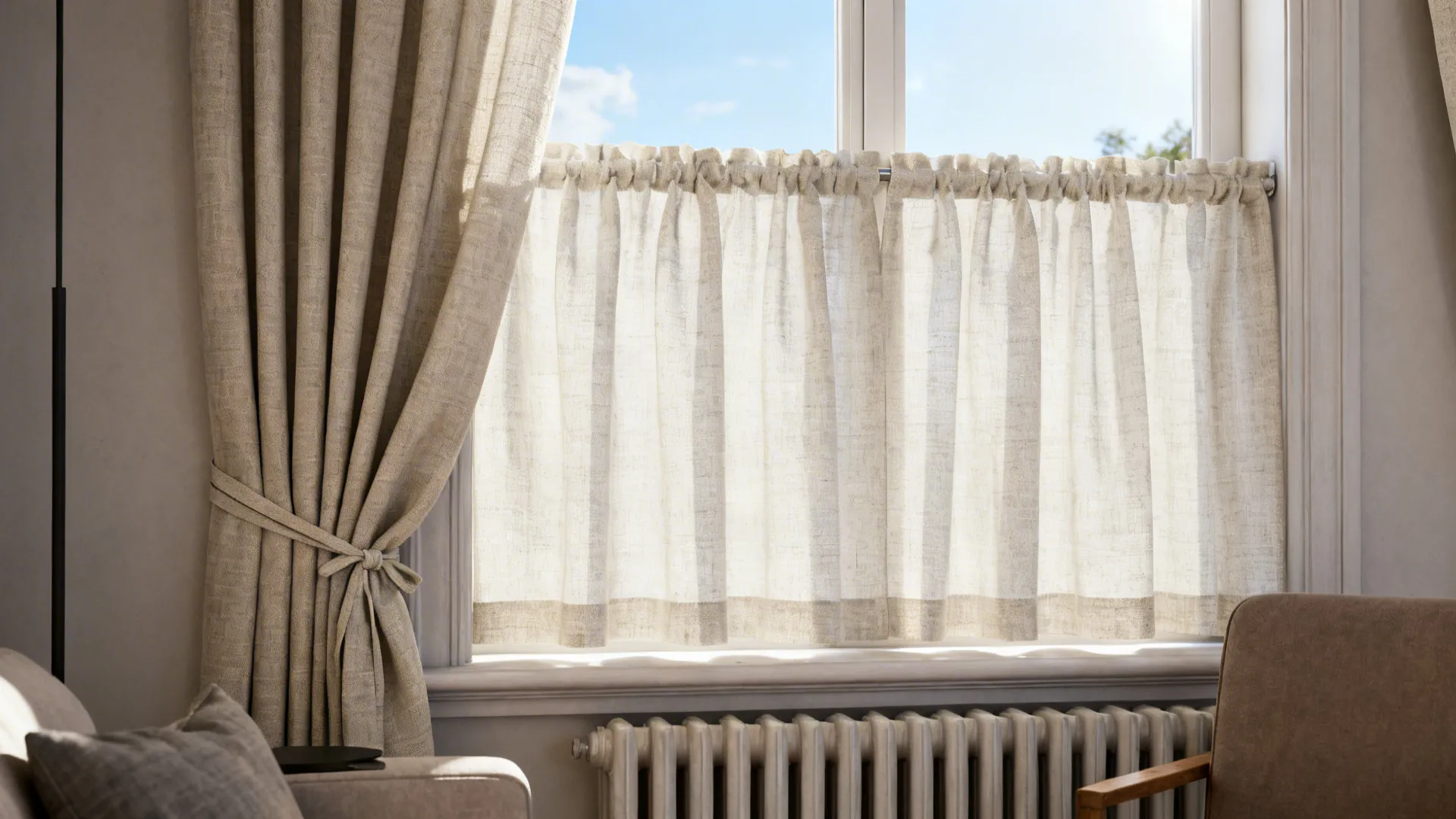 Sunroom with café-style half-height curtains offering daytime privacy and airy charm