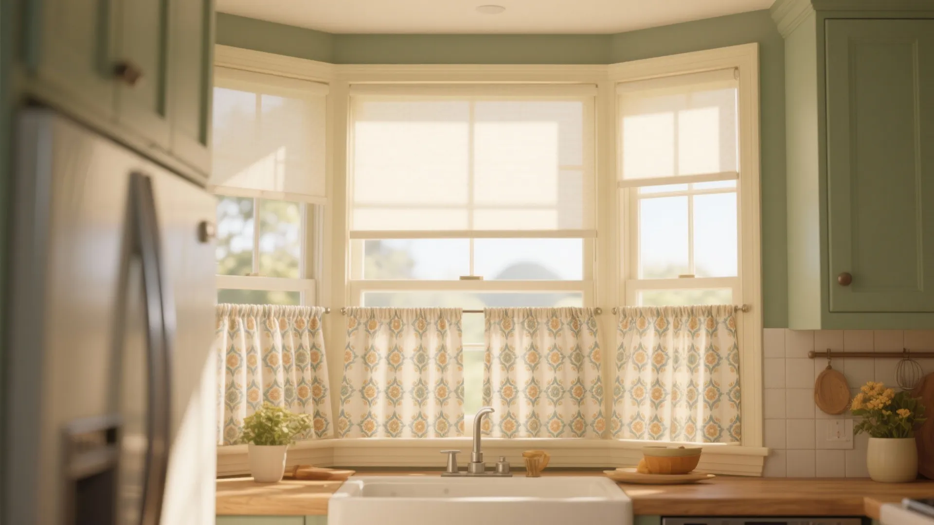 Patterned café curtains on bottom half of kitchen window