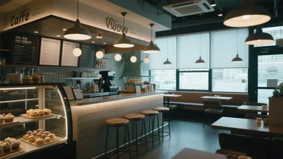 Modern Cafe Interior Design with Warm Lighting