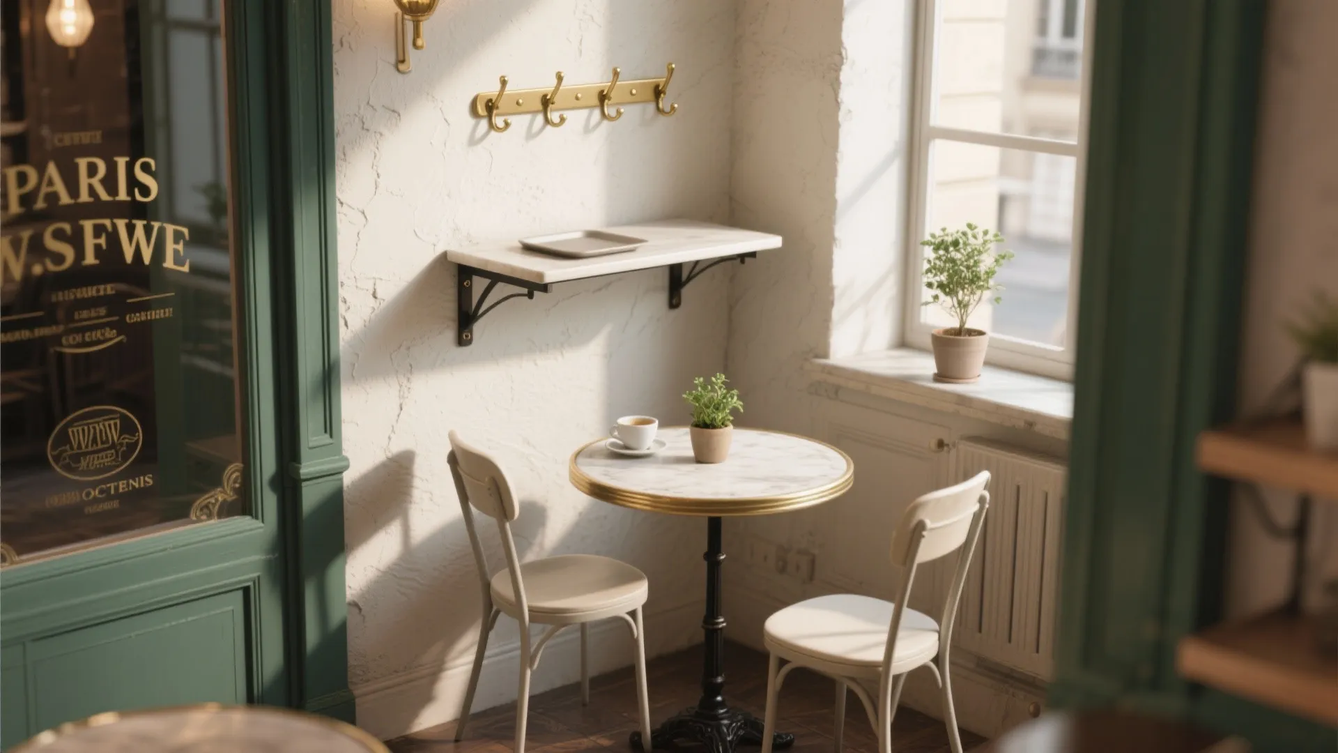Small round marble table with white chairs and wall shelf inside a cafe near window